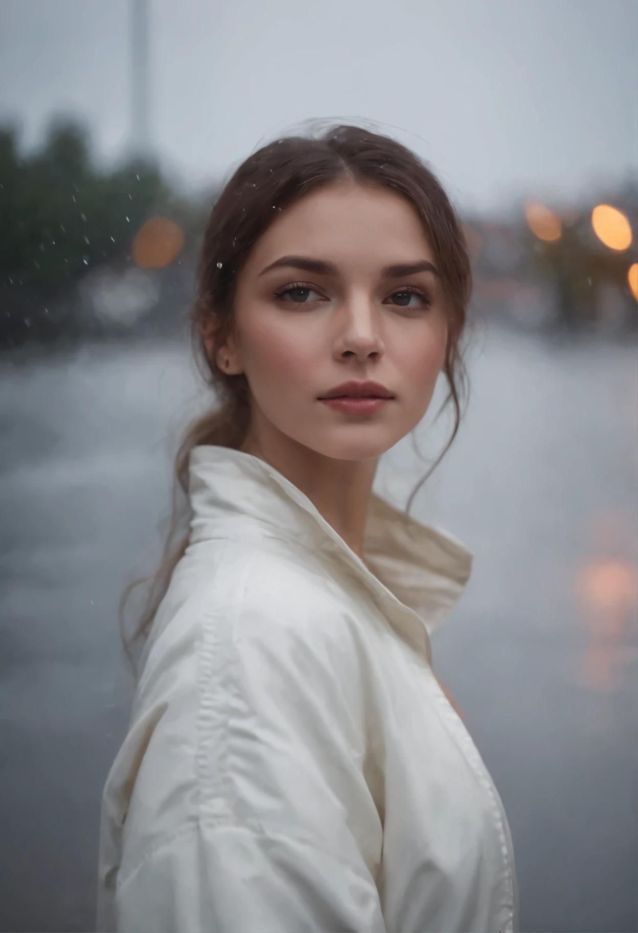 arafed woman in a white jacket standing in the chuva, pretty girl standing in the chuva, late night chuvaing, chuvaing portrait, chuva!!!!, chuvay night, in the chuva, it is night and chuvaing, chuvay evening, Retrato de Sophie Mudd, 8k art german bokeh, chuvaing, at evening during chuva, por Irakli Nadar