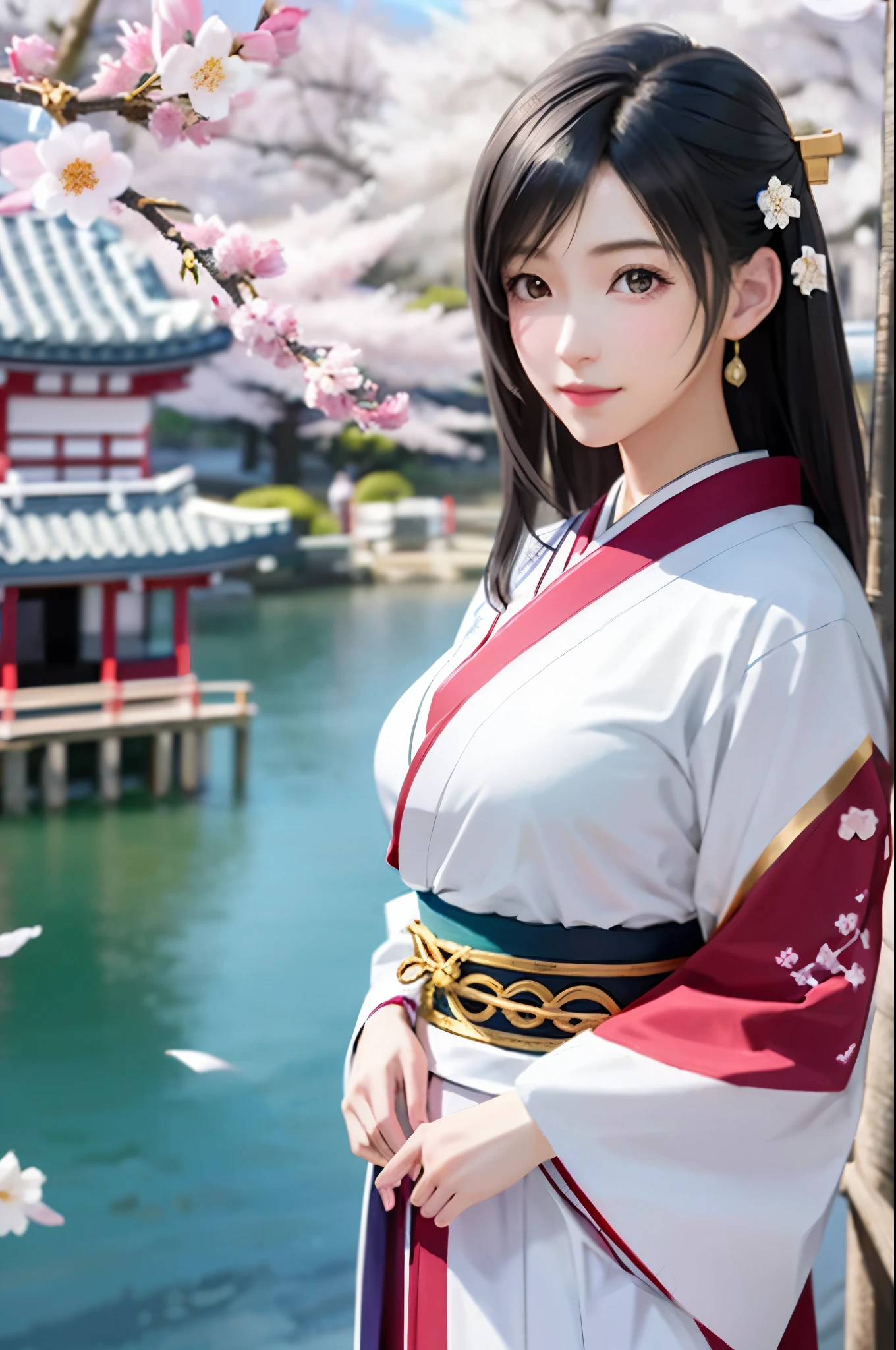 (Top Quality, Masterpiece: 1.1), (Realistic: 1.3), BREAK (((FF7,Tifa_lockhart))),Ultra-detailed face, Detailed red eyes,(black Brown Hair, Large breasts: 1.2), about 18 years old,  (White Japanese Clothing, kimono ,  White cherry blossom pattern, White cherry blossom embroidery pattern), Hair flutters in the wind, Hair jumps, Pink cherry blossom tree, Petals flutter, Sakura blizzard, Superb view, morning glow, Sun in the background, the wind, Deities, tusk, myth, Vast Land, 