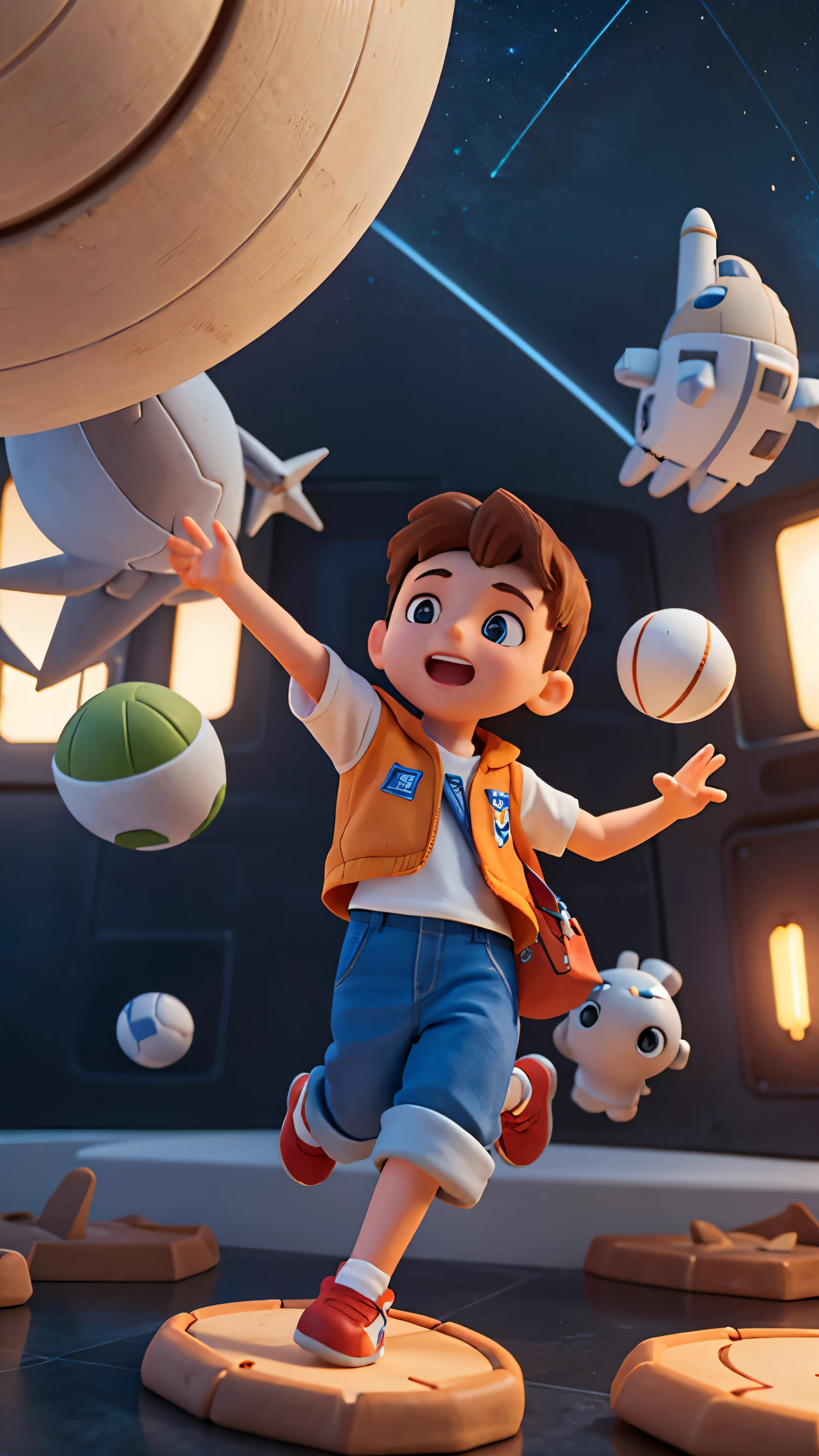 high quality，C4D modeling，3D clay model，a little boy，Foot on spaceship，Reach out and touch the stars