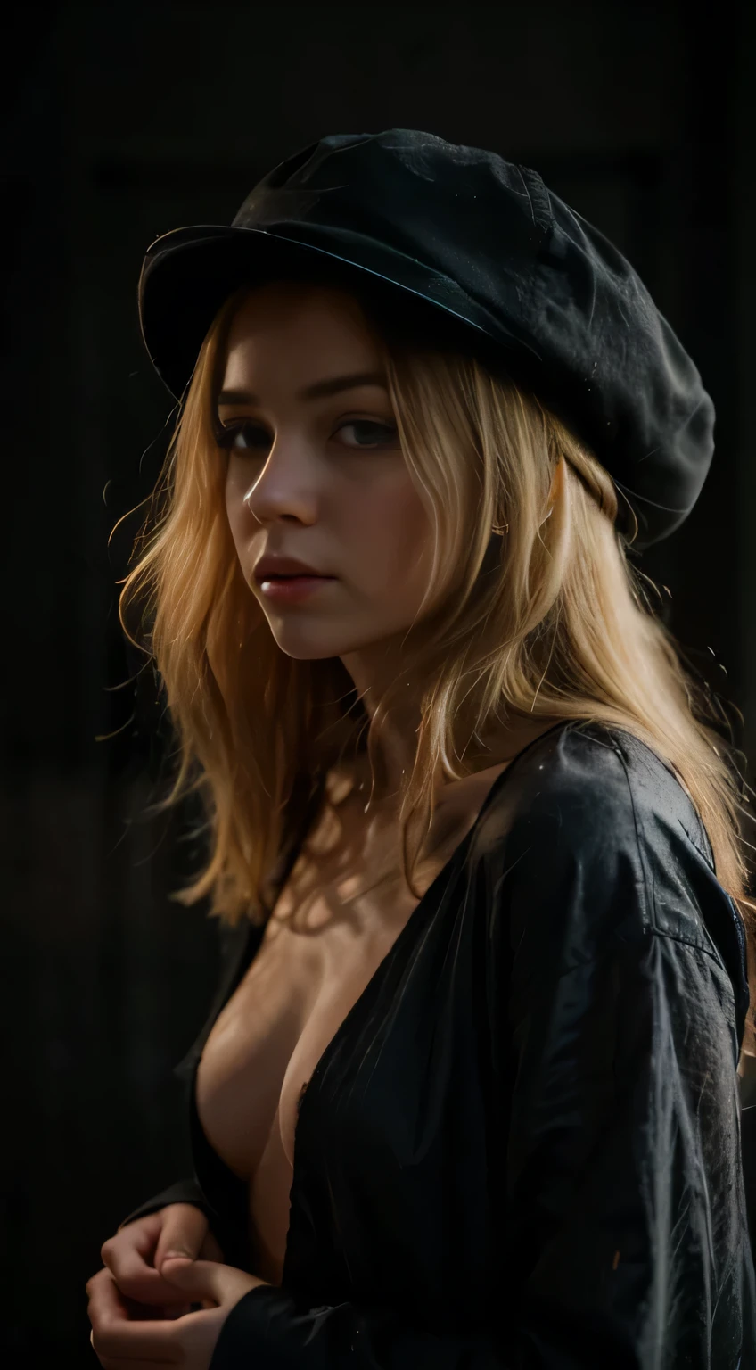 femme 23 ans, tied blonde hair, dans une robe sombre, brume, brouillard, serait, Low lighting, triste, Melancholy, a, profil, Very dark, three brumeux