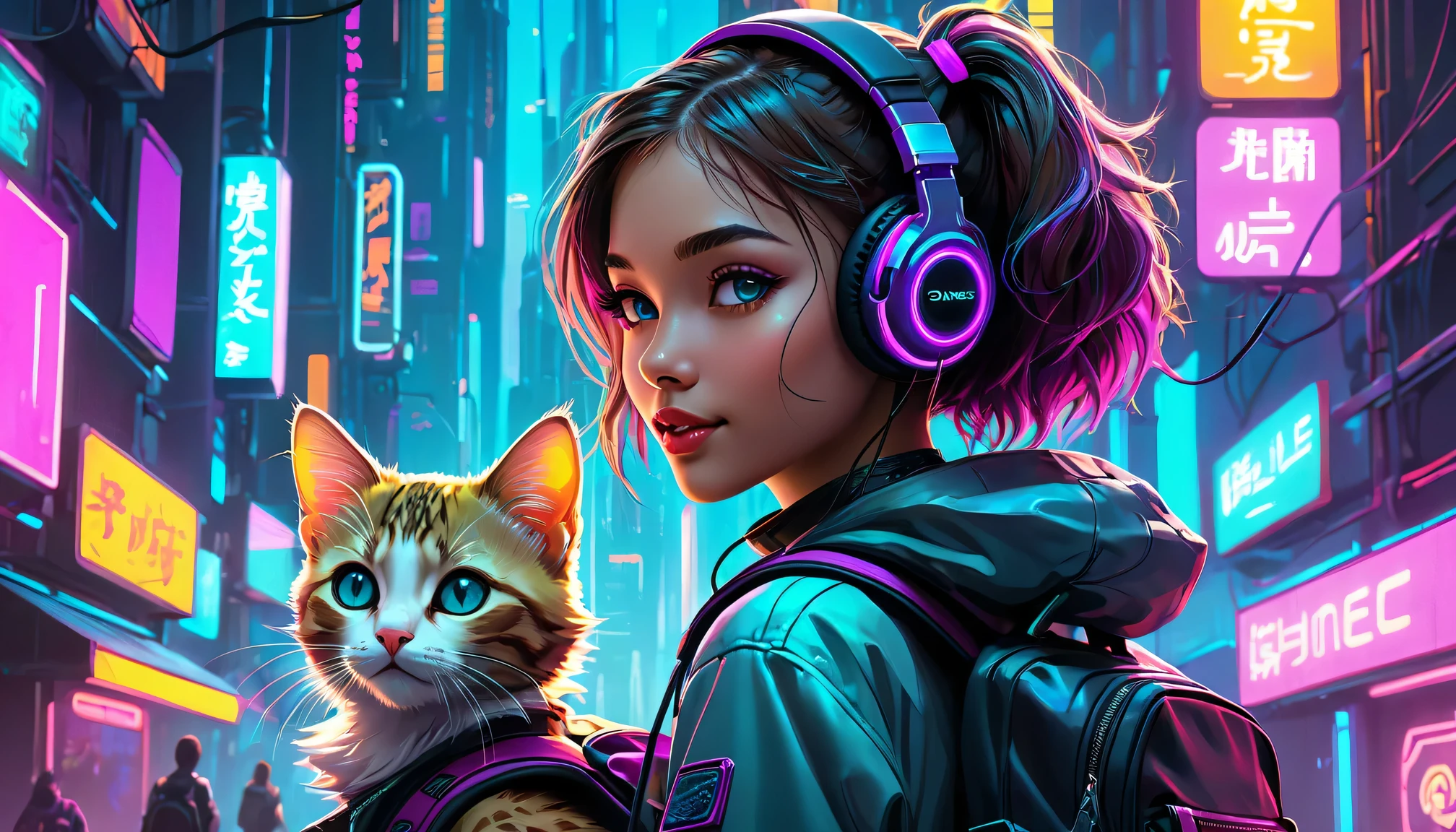 A girl with a neat hairstyle, wearing a backpack, strolling through a neon cyberpunk city, accompanied by a cute kitten wearing headphones and a backpack. The girl has meticulously styled hair and is walking leisurely, admiring the vibrant and futuristic cityscape. The neon lights illuminate the surroundings, casting a vibrant glow on the scene. The girl's eyes are intricately detailed, capturing the curiosity and wonder in her gaze. Her lips are beautifully outlined, giving her a captivating smile. The high-quality image showcases the intricate details of the girl's face, emphasizing her features and expressions. The artwork embodies a photorealistic style, with vivid colors and sharp focus. The scene is bathed in a cyberpunk color palette, with neon hues dominating the composition. The lighting is expertly crafted, creating a dramatic and atmospheric ambiance. The kitten by her side wears headphones, enjoying the music within its own little world. The backpacks on both the girl and the kitten suggest a sense of adventure and exploration, adding a touch of charm and personality to the image. The overall composition is a masterpiece, with ultra-detailed elements and a captivating cyberpunk aesthetic, immersing the viewers in a futuristic and whimsical world.
