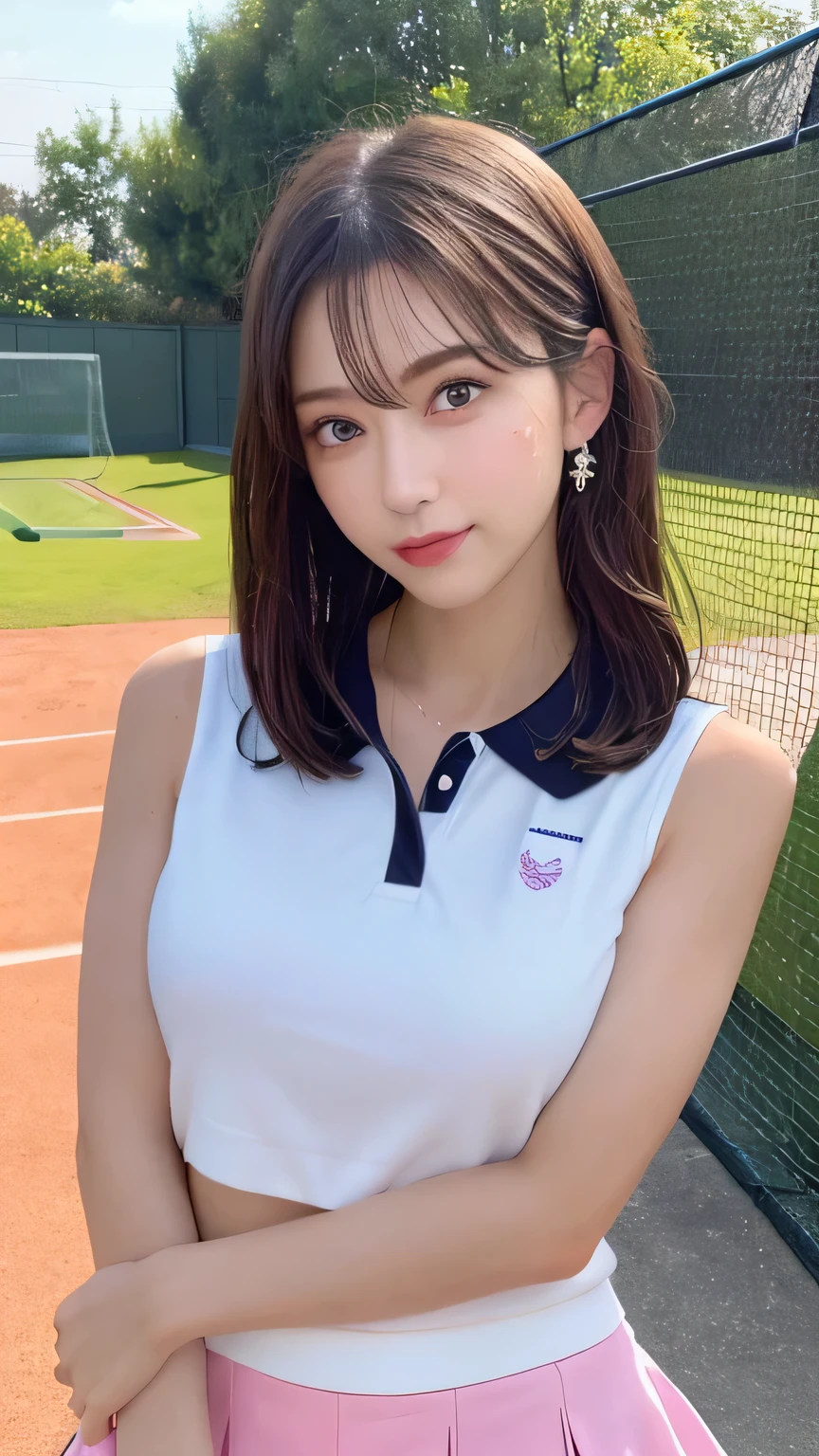 1人、独奏、White polo shirt、White sneakers、Tennis Wear、White mini skirt、masterpiece、top-quality、realisitic、Hyper-detailing、(Glossy skin、be sweaty:1.4)、absurderes、Looking at the camera、short dark hair、brown-eyed、A slender、动态照明、hight resolution、foco nítido、depth of fields、A detailed eye、Sharp eyes、Realistic eyes、(small tits:1.6)、(thick thight:1.0)、outside of house、Skysky、bra very