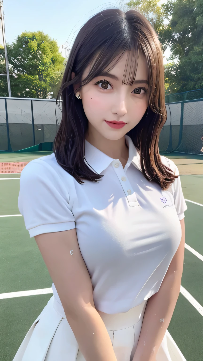 1girl, solo, white polo shirt, white sneakers, tennis wear, white miniskirt, masterpiece, best quality, realistic, hyper-detailed, (shiny skin, sweaty:1.4), absurd, looking at viewer, short black hair, brown eyes, slender, dynamic lighting, high resolution, sharp focus, depth of field, detailed eyes, sharp pupils, realistic pupils, (small breasts:1.6), (thick thighs:1.0), outdoor, sky