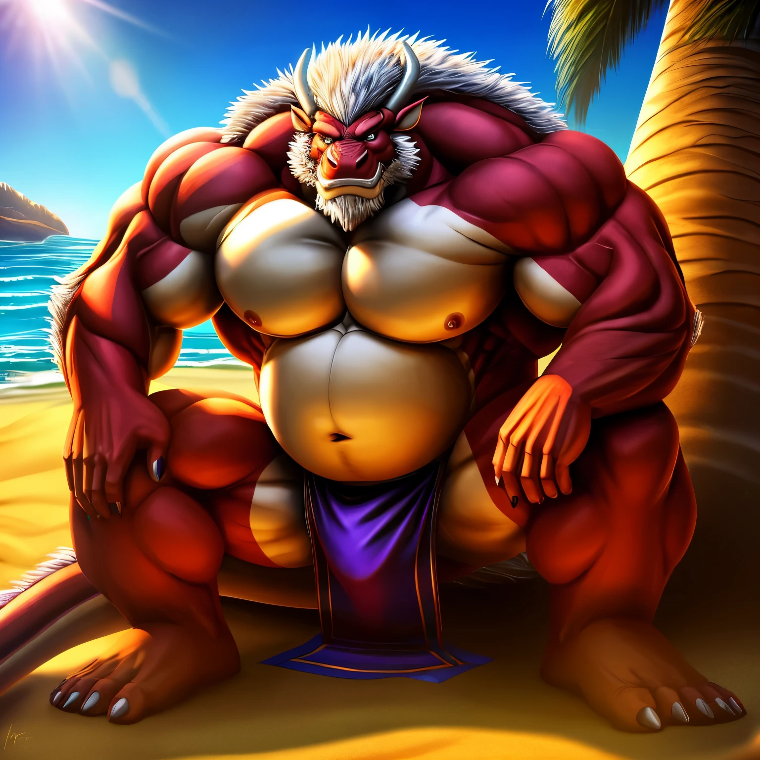 kaido, eastern dragon king, male dragon, eastern dragon, very big muscles, hulking, extremely strong, big abdominal muscles, hefty musclegut, pecs, muscular dad body, Strong and robust musclegut , strong abs, sharp claws, dragon feet claw, full body, loincloth, one piece, HDR, nipples, sunlight, daylight, outdoor, bright , sunshine, at noon, fighting pose, good weather, on sea beach