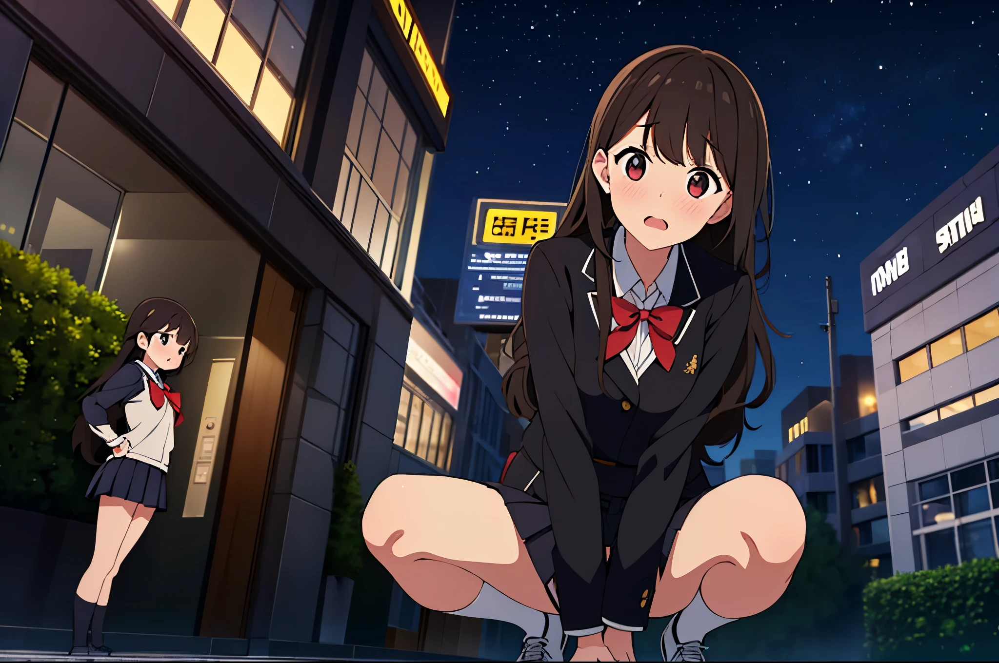 (three women:1.5) ,dark brown hair,black hair,(nose blush:1.7) ,surprised,open your mouth,(school uniform),(Panties are fully visible:1.7),(extremely high quality),(mini skirt),nature,country road,(big droopy eyes:1.5),(round eyes:1.5),Shiny legs, thighs,cute face,(look up from below),tall,night,street light,Crouching,hedge