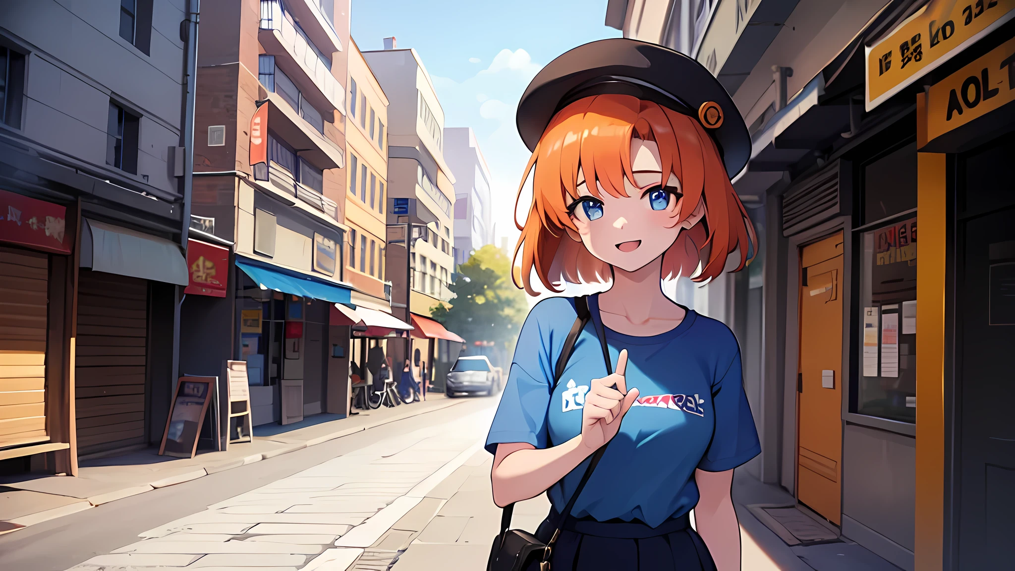 ((1 girl)), One, Rûuguu horseradish, orange medium hair, Blue eyes, t-shirt, smile, street