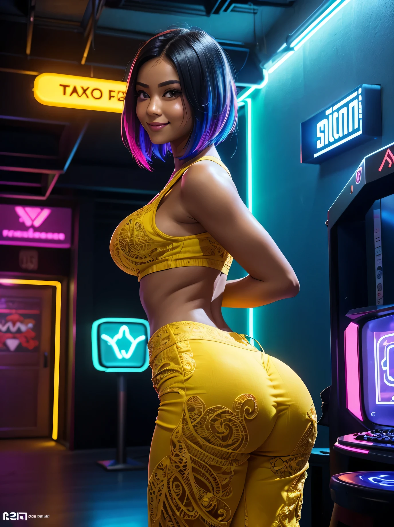 (((Masterpiece))), extremely realistic, vivid details, extremely detailed, 4k, Extremely cute Asian African American transsexual woman calling you to follow her into a gaming room, she is standing in a hall way into a gaming room, neon lights on the wall, ((neon lights 1.2)), ((she is standing side ways)), ((Asian African American)), ((follow)), she is standing in front of a game room, ((side view 1.2)), she is wearing perfect pants, ((perfect booty)), ((Arafed woman)), she is calling you to come play with her, ((e-sports)), she is wearing loose crop top and sexy pants, (pants 1.2), ((huge lifted accentuated asasterpiece)), ((perfect underbooty)), ((neon lights 1.2)), ((Bioluminescence neon lights 1.2)), bright color hair, rainbow colors, she is extremely hot and sexy, (realistic human skin:1.6), ((seductive smile)), she is Asian African American cute girl with a perfect figure, she is standing in a hallway into a gaming room, she wants you to follow her, she is so sexy, her beauty is godlike, ((absolutely gorgeous)), ((detailed face)), (beautiful face), she is wearing sexy crop top, ((small natural breast)), she is ripped, cinematic lighting, neon lights, Multi-layer Textures, (intricate details: 1.6), cock bulge in her pants