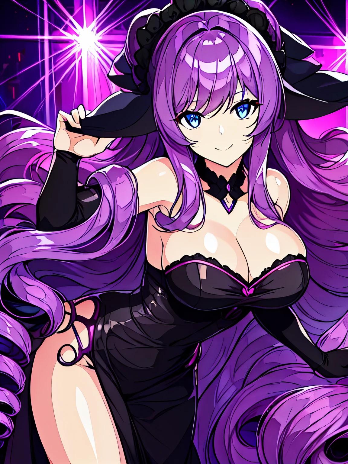 A portrait of a mature woman with very long PURPLE wavy hair and drill curls, side-swept bangs, blue eyes, ligh tanned skin, confident smile, wearing a black party dress, inside of a nightclub in the city, nighttime.