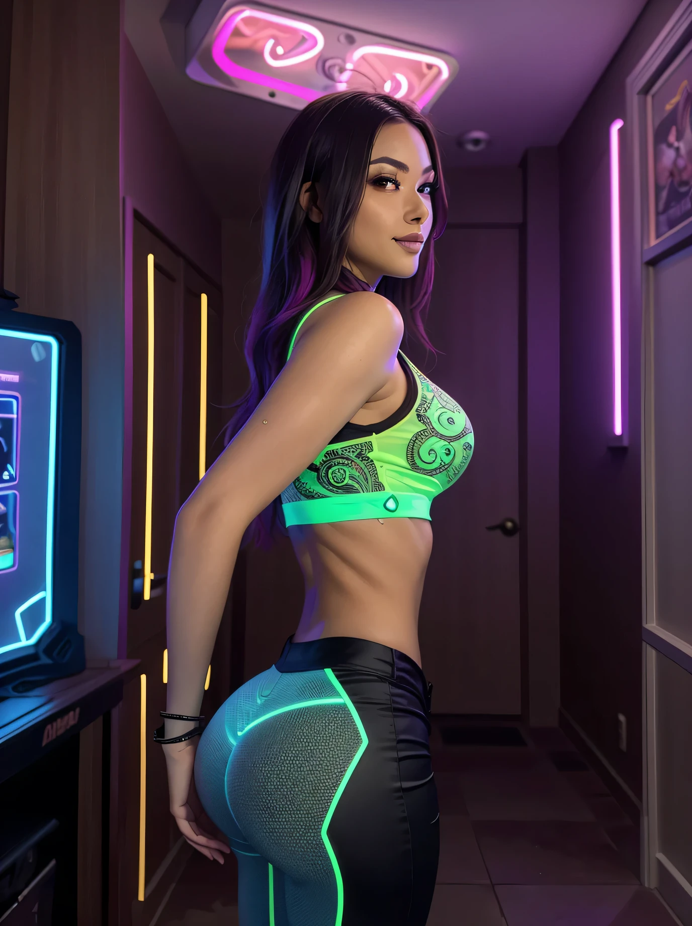 (((Masterpiece))), extremely realistic, vivid details, extremely detailed, 4k, Extremely cute Asian African American transsexual woman calling you to follow her into a gaming room, she is standing in a hall way into a gaming room, neon lights on the wall, ((neon lights 1.2)), ((she is standing side ways)), ((Asian African American)), ((follow)), she is standing in front of a game room, ((side view 1.2)), she is wearing perfect pants, ((perfect booty)), ((Arafed woman)), she is calling you to come play with her, ((e-sports)), she is wearing loose crop top and sexy pants, (pants 1.2), ((huge lifted accentuated asasterpiece)), ((perfect underbooty)), ((neon lights 1.2)), ((Bioluminescence neon lights 1.2)), bright color hair, she is extremely hot and sexy, (realistic human skin:1.6), ((seductive smile)), she is Asian African American cute girl with a perfect figure, she is standing in a hallway into a gaming room, she wants you to follow her, she is so sexy, her beauty is godlike, ((absolutely gorgeous)), ((detailed face)), (beautiful face), she is wearing sexy crop top, ((small natural breast)), she is ripped, cinematic lighting, neon lights, Multi-layer Textures, (intricate details: 1.6), cock bulge in her pants