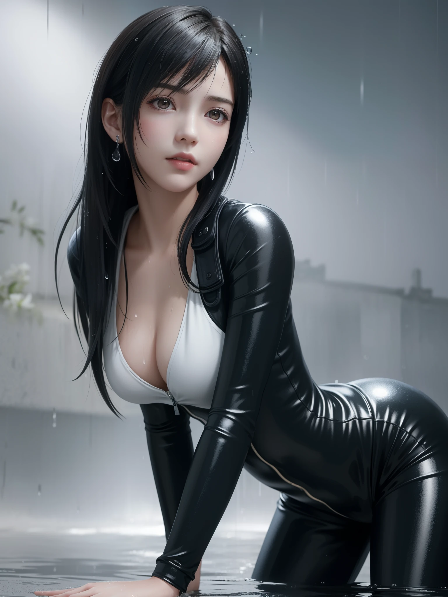 (Top Quality, Masterpiece: 1.1), (Realistic: 1.3), BREAK (((FF7,Tifa_lockhart))),(tifa_lockhart and monsters),(A dark, barely lit torture chamber:1.3,wet:1.2,night:1.1),(face focus:1.1), on all fours:1.2,  BREAK (((FF7,Tifa_lockhart))),(Light Brown Hair, Large breasts: 1.2),(black catsuit:1.3,silver zip,zip down:1.8,pubic hair:1.3), BREAK (((FF7,Tifa_lockhart))),(shiny oiled skin: 1.1),(crowd of monster:1.3),(many monsters:1.2),  ((stringy viscous liquid)),(no bra),(no panties),wet hair, about 18 years old,sensual,  (sweat on body:1.3),(erotic pose:1.2),I want to make love to you, Heavy rain ,(Rain-drenched body: 1.3), (Bodysuit with water droplets: 1.3), (Rain-soaked hair: 1.3) , (Rain-soaked bangs: 1.3), (Rain-soaked catsuit: 1.3) 