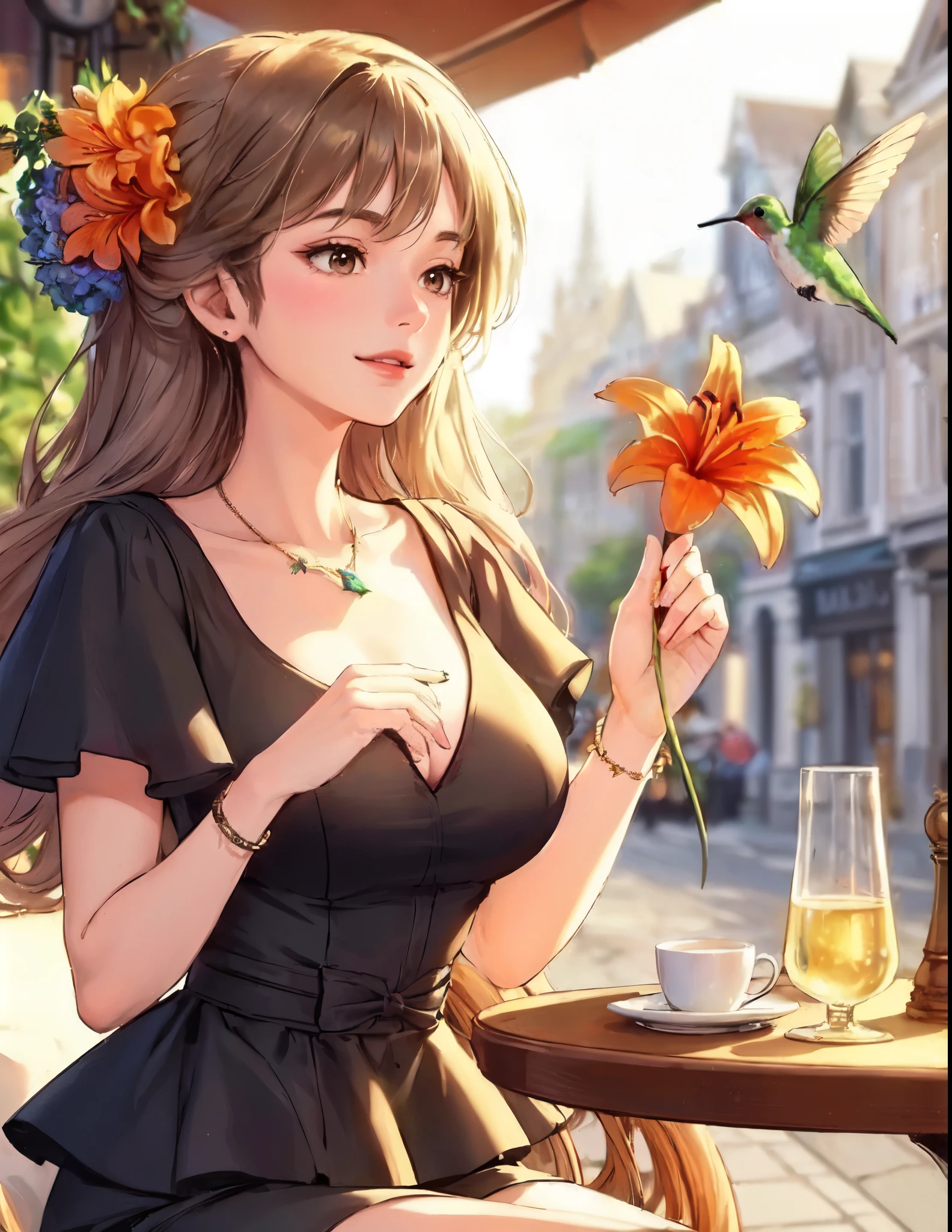 1lady solo, sitting at terrace seat, (gazing at hummingbird:1.2), (peplum) stylish outfit, mature female, /(beige brown hair/) bangs, kind smile, (masterpiece best quality:1.2) (delicate illustration:1.1) ultra-detailed, large breasts BREAK ((hummingbird flying:1.2) nearby flower), (realistic hummingbird:1.1) BREAK (holding orange lily flower) BREAK (fashionable cafe terrace) outdoors, main street, noon, detailed background