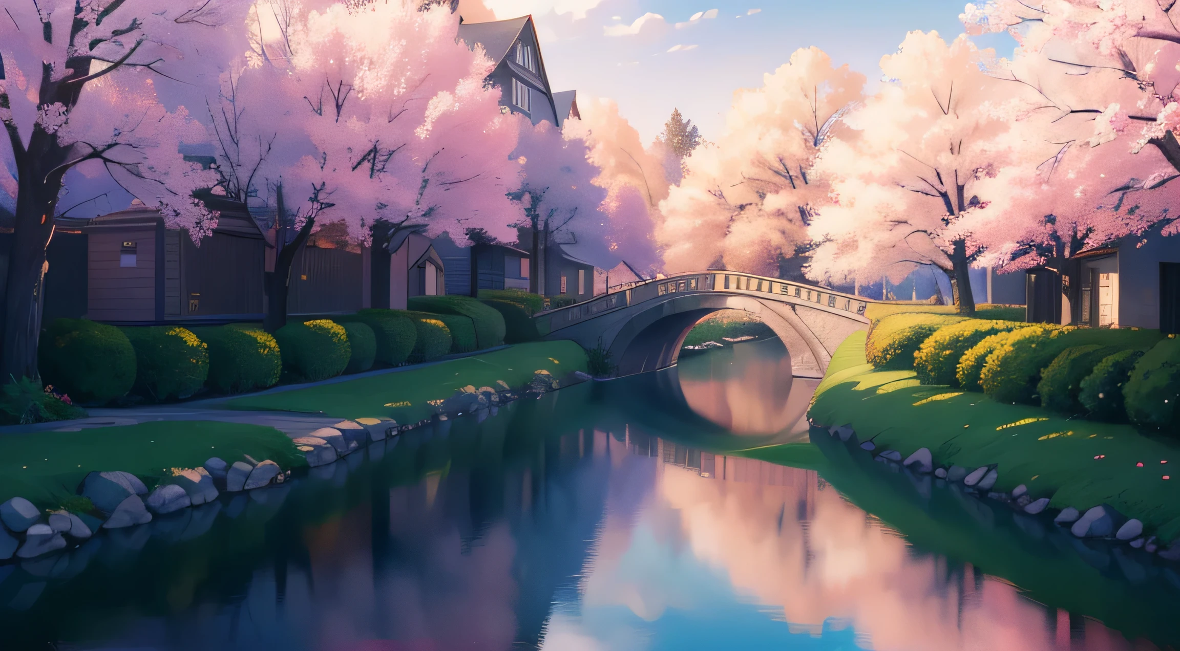 masterpiece, highest quality, (High-definition unified CG 8K wallpaper) (highest quality), (Best Illustration), (best shadow) natural tree with pink flowers, yellow house, river, bridge, very cautious --v6