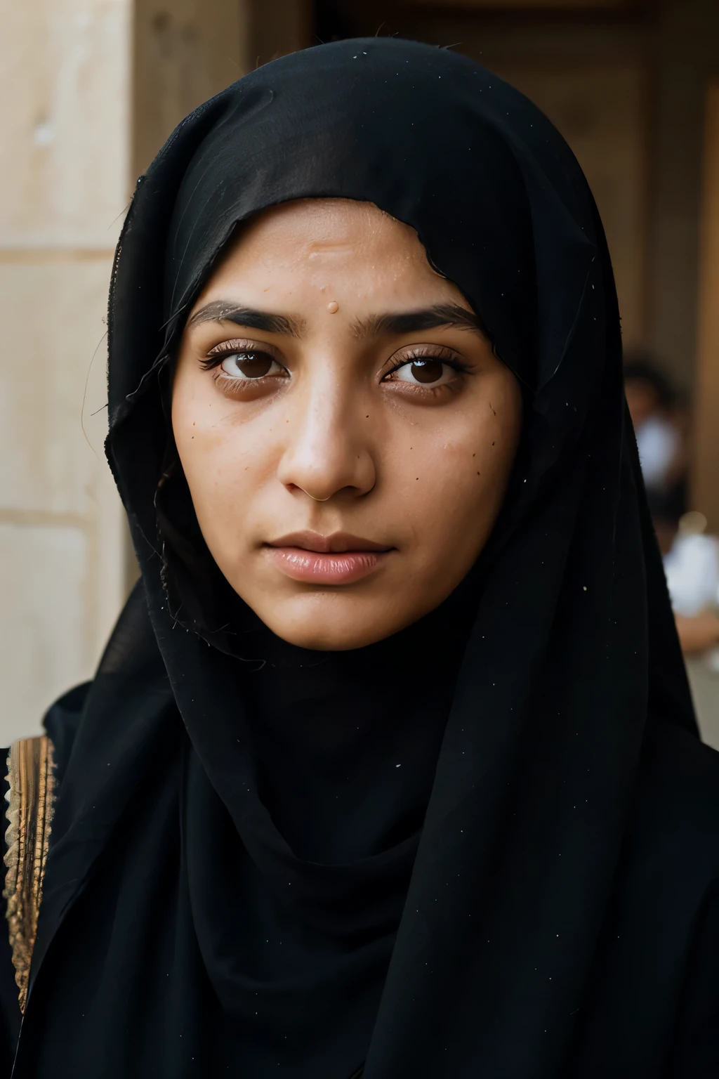 photograph of arabic woman, (troubled facial expression), textured skin, goosebumps, wearing a hijjab, dubai cafe, perfect eyes, Porta 160 color, shot on ARRI ALEXA 65, bokeh, sharp focus on subject, shot by Don McCullin