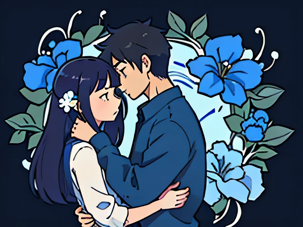 perfect anime illustration, side view of a girl hugging a guy, there are many blue flowers around them, flowers surround them, beautiful big flower vines