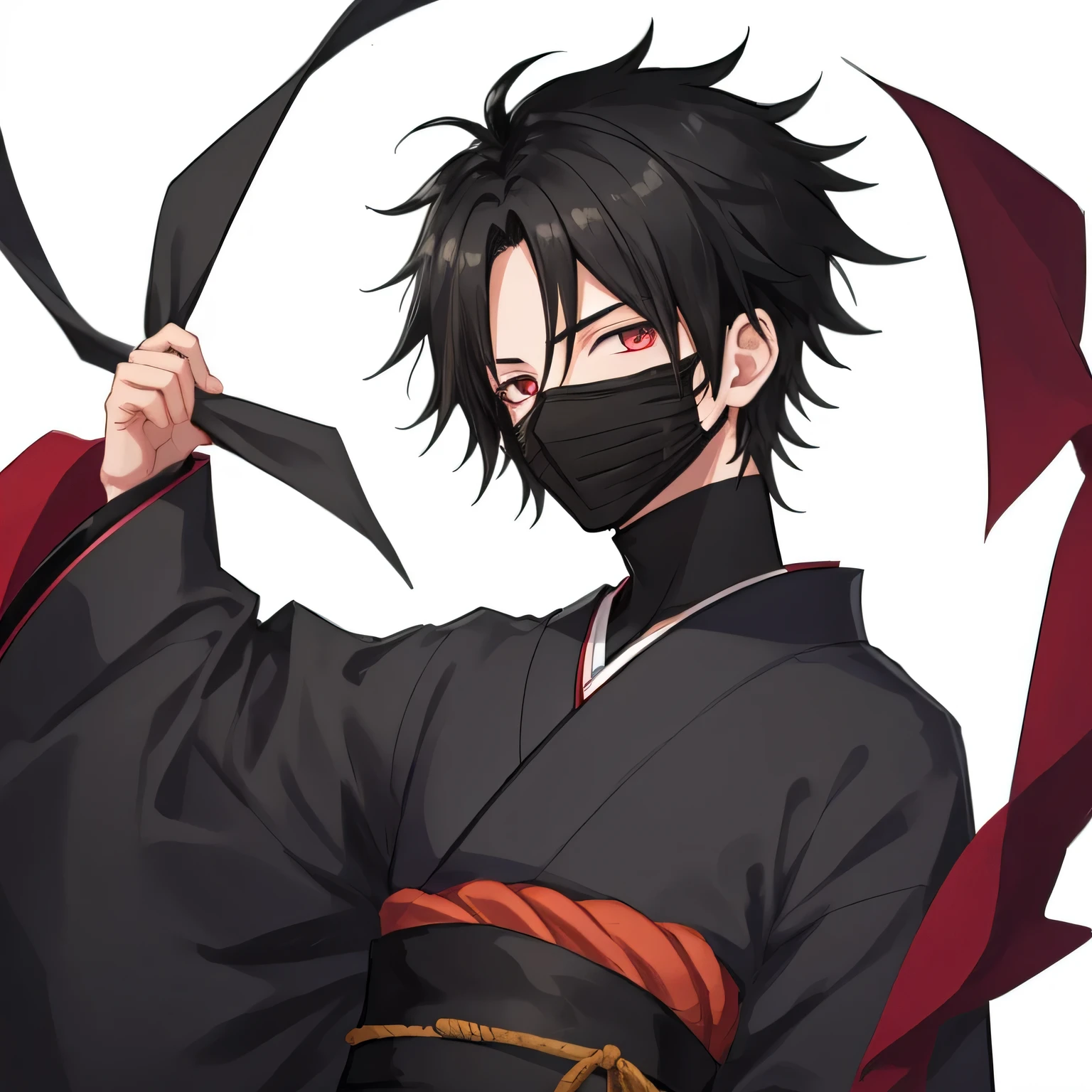 1boy, anime, black_hair, masked, simple_black_kimono, white_background, looking_at_viewer