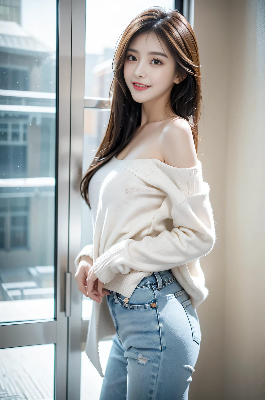 best quality, 4k, 8k, Detailed face, clear face, a pretty girl,Exquisite Makeup, Red lips,laugh, perfect body,shoulder-length straight bob hair,small head,small face,big watery eyes,small breasts,thigh,slim,thin, The girl wears a wide white mink fur coat, Underneath the jacket was White sweater and denim pants, Snowscape, winter, snow town,from back,Tight hip-hugging low-waisted miniskirt