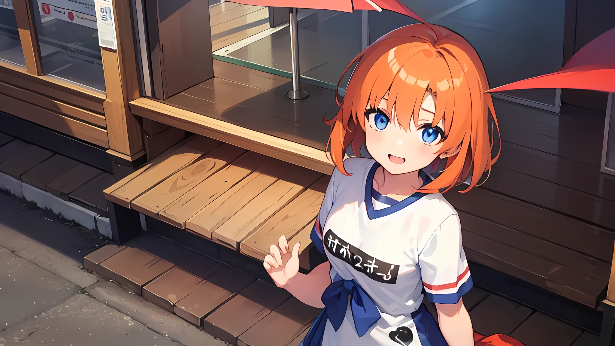 ((1 girl)), One, Rûuguu horseradish, orange medium hair, Blue eyes, t-shirt, smile, street