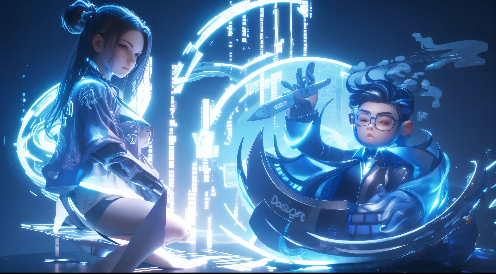 Blind box toy style,A boy wearing glasses sits at the table,Hand holding digital pen,wacom,Pen tablets,Large movements,dark blue hair、white top,art station trend炫酷,Digital art,portrait,beautiful art,Neon lights infuse digitalism with style,c4d rendering,3d model,best quality,Ultra-detailed,8k cool picture,art station trend,Digital art,portrait,Exquisite facial features,Cool blue shades,Innovative page design,carlo dolci,Animated actions,high quality,Delicate facial features and limbs