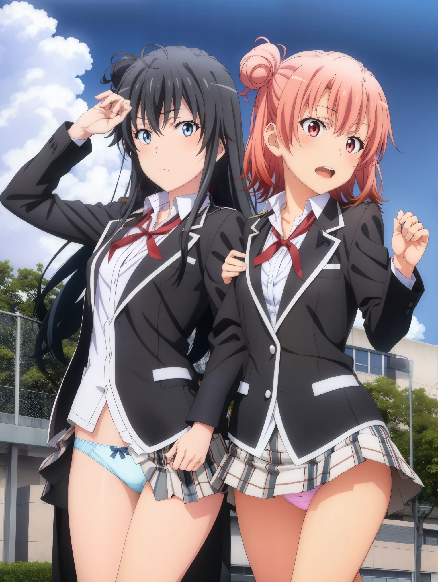 2 girls , Yukinoshita Yukino , Yuigahama Yui , waltz dance , school uniform,Wind,Skirt up,panties,