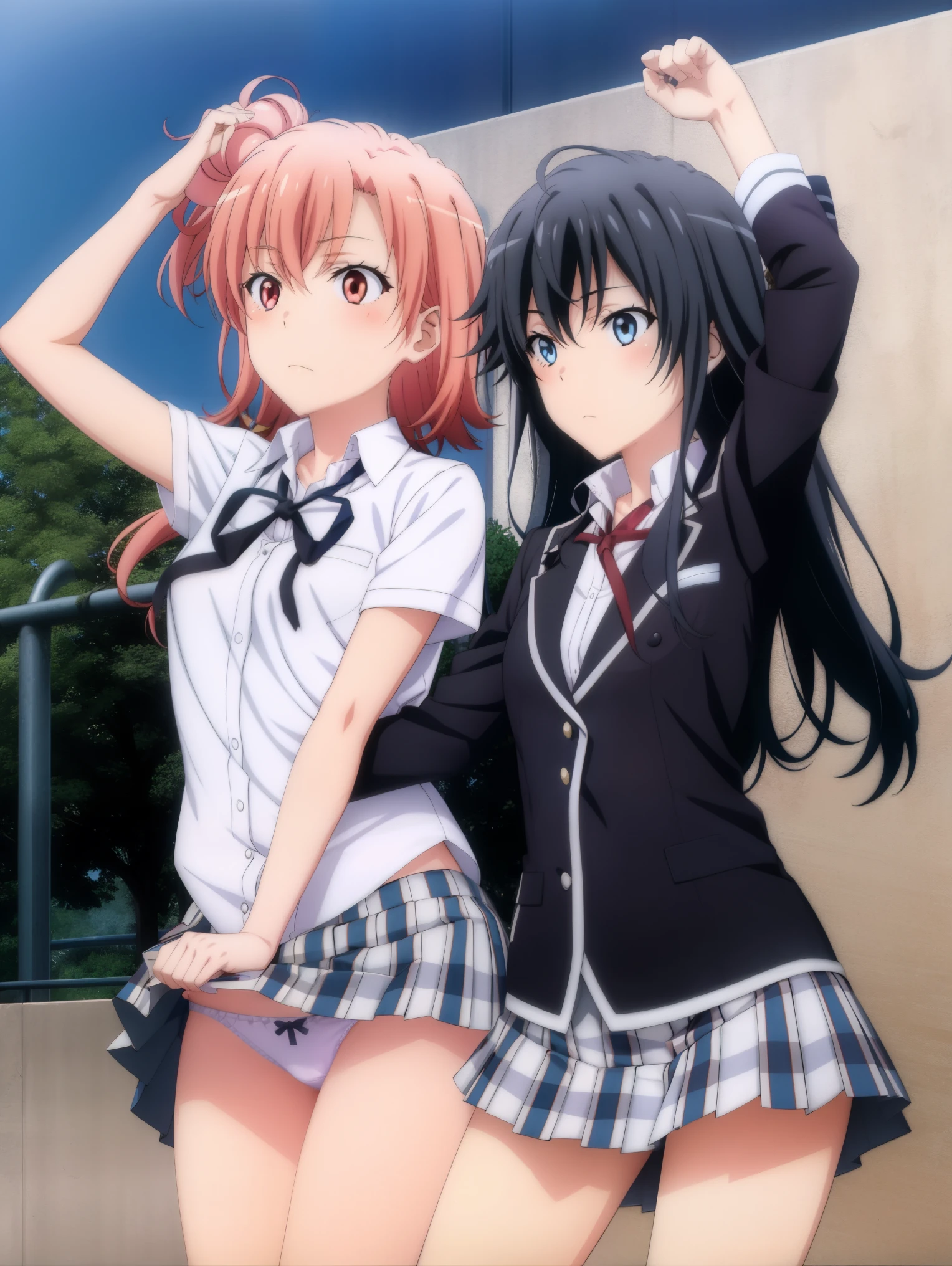 2 girls , Yukinoshita Yukino , Yuigahama Yui , waltz dance , school uniform,Wind,Skirt up,panties,