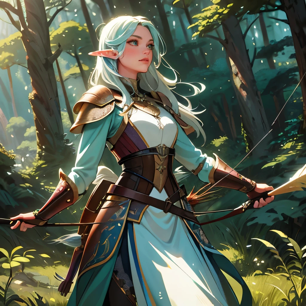 best quality,ultra-detailed,realistic,archer woman,beautiful detailed eyes,beautiful detailed lips,longeyelashes,adventurous female figure,forest background,wisps of magic,fantasy landscape,flowing hair,leather armor,detailed bow and arrow,sharp focus,dappled sunlight,vibrant colors,fantasy art style,mystical atmosphere,heroic stance,elven features,nature-inspired colors,captivating expression,ethereal lighting,dynamic pose,silhouette of distant mountains,impressive composition,fantastical creatures,arrow ready to be released,commanding presence,evokes a sense of wonder,imaginative storytelling,masterpiece:1.2
