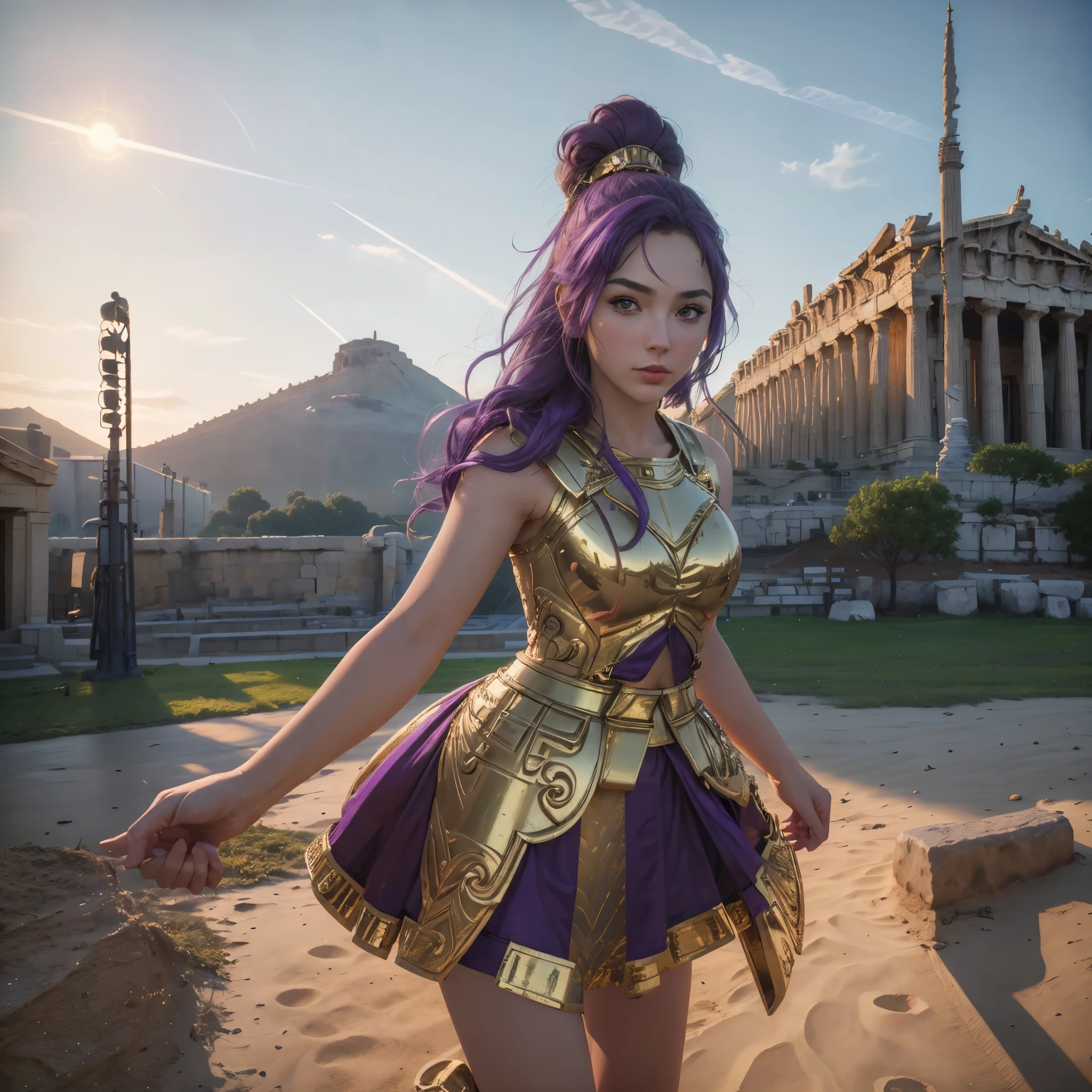 (best quality,4k,8k,highres,masterpiece:1.2),ultra-detailed, 1woman, 1woman, Greek goddess Athena, purple hair, wearing golden hoplite armor with helmet, attacking pose, wielding a sear, looking at the viewer, wise, impressive, seductive eyes, in front of the Parthenon, drawn in the style of Yoshitaka Amano, high res, ultrasharp, 8K, masterpiece, HDR, 8k, absurdres, cinestill 800, sharp focus, add_detail:2
