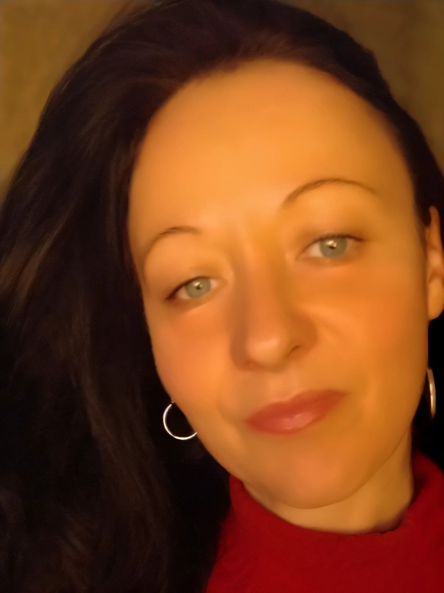 arafed woman in a red turtleneck posing for a picture, profile image, taken in the early 2020s, headshot profile picture, profile pic, profile picture, taken in the late 2000s, 30 years old woman, 3 0 years old woman, very very low quality picture, very silly looking, in red background
