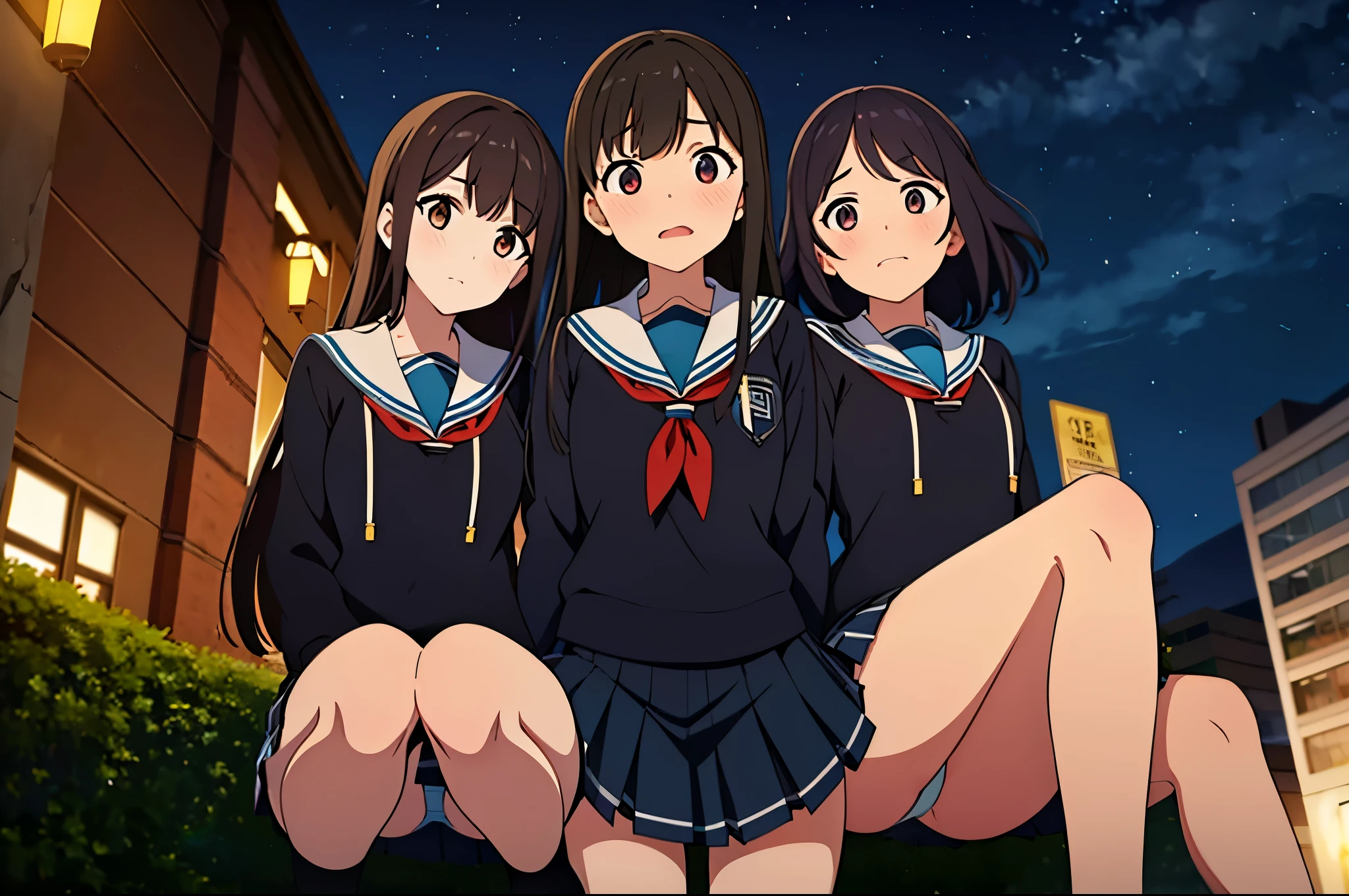 (three women:1.5) ,dark brown hair,black hair,(nose blush:1.7) ,surprised,open your mouth,(school uniform),(Panties are fully visible:1.7),(extremely high quality),(mini skirt),nature,country road,(big droopy eyes:1.5),(round eyes:1.5),Shiny legs, thighs,cute face,(look up from below),tall,night,street light,Crouching,hedge