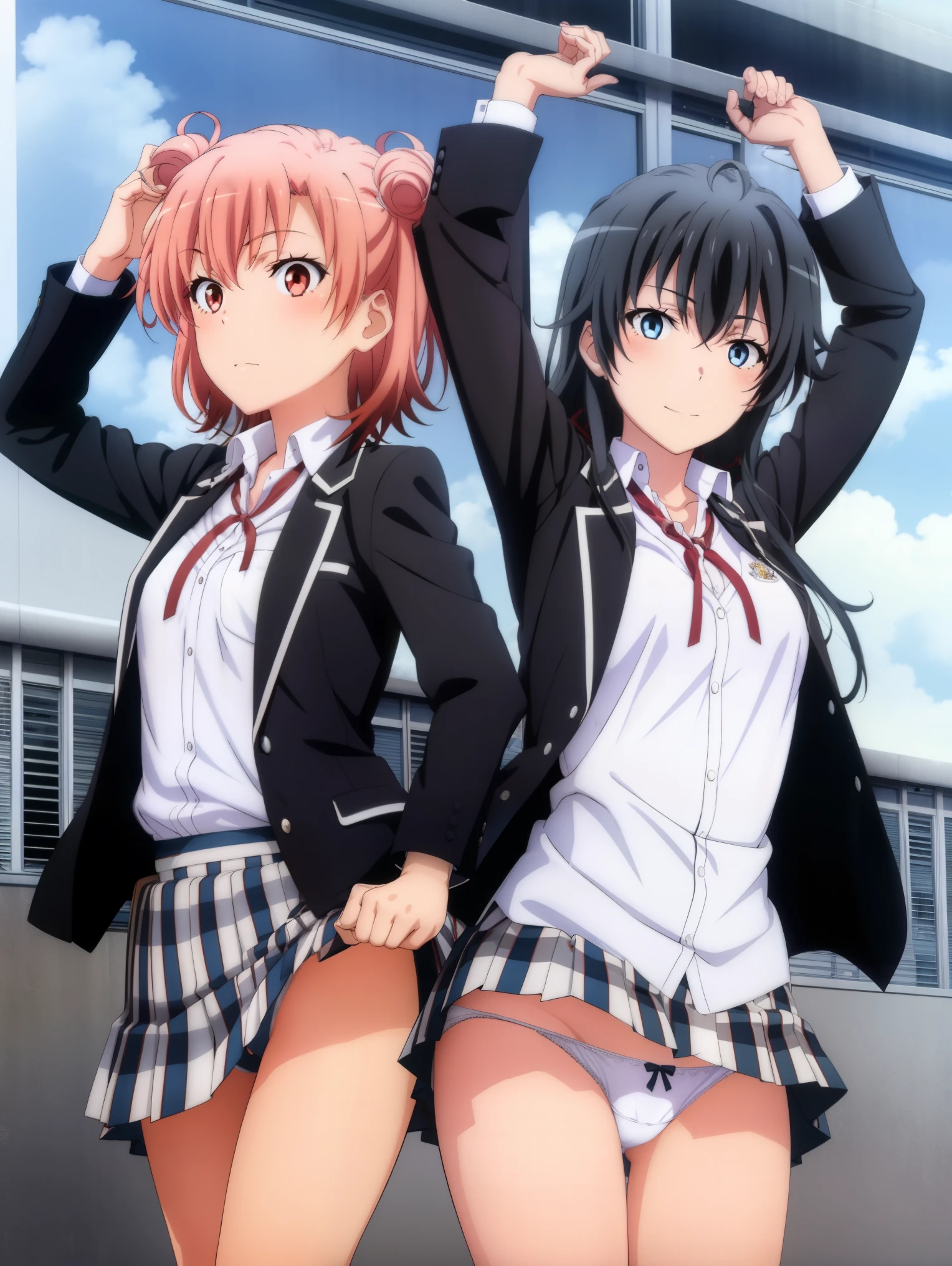 2 girls , Yukinoshita Yukino , Yuigahama Yui , waltz dance , school uniform,Wind,Skirt up,white panties,