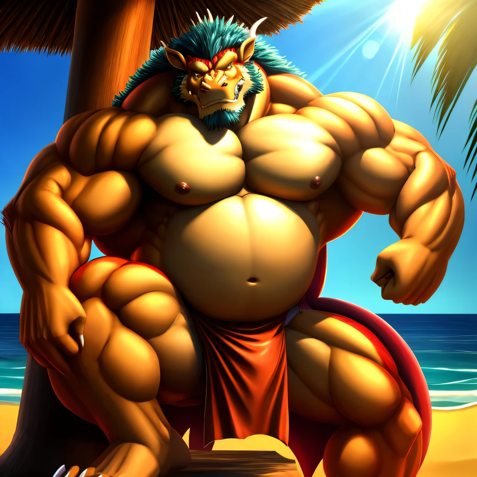 kaido, eastern dragon king, male dragon, eastern dragon, very big muscles, hulking, extremely strong, big abdominal muscles, hefty musclegut, pecs, muscular dad body, Strong and robust musclegut , strong abs, sharp claws, dragon feet claw, full body, loincloth, one piece, HDR, nipples, sunlight, daylight, outdoor, bright , sunshine, at noon, fighting pose, good weather, on sea beach