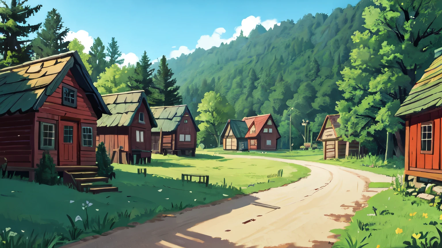 village, the forest, Wooden houses, fantasy village, no people, по зади the forest