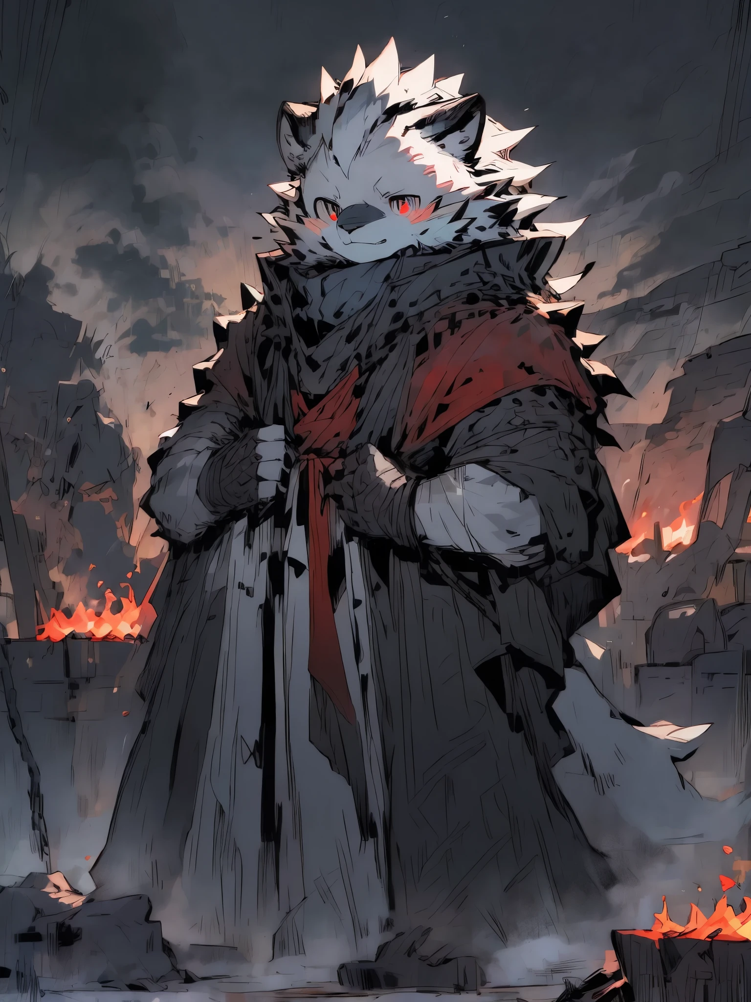furry,The background is burning red cliff,raging fire,Huang Gai's eyes shined,There are chains wrapped around the body,Multiple scars,The theme color is red