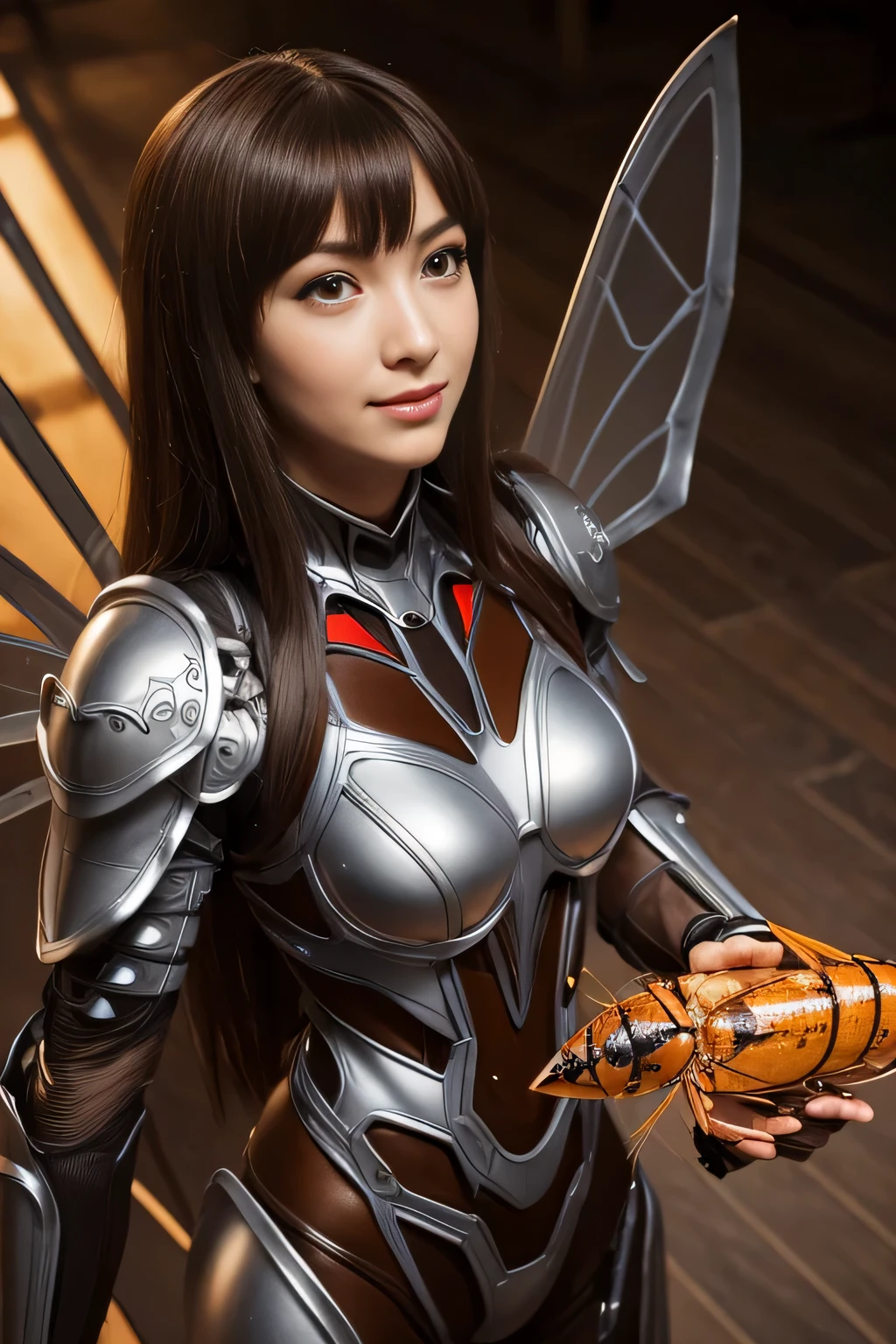 (High resolution,masterpiece,highest quality,Very detailed CG, anime, official art:1.4), realistic, photograph, amazing detail, everything is complicated, shiny and glossy,Amazing number of layers, 8K wallpaper, 3D, sketch, cute, figure,( alone:1.4), perfect female proportions,villain's daughter, (Fusion of dark brown cockroach and lady:1.4), (brown cockroach woman:1.2), (brown cockroach woman:1.2), (Fusion:1.2), (alone:1.4), (evil smile:1.2), muscular, abs, (Cockroach brown exoskeleton bio insect suit:1.4), (Cockroach brown exoskeleton bio insect armor:1.2), (brown transparent cockroach feathers:1.4), (Antennae of brown cockroaches:1.3),