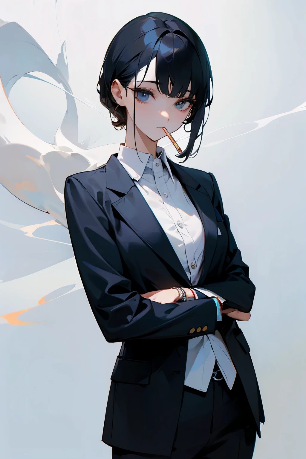 Expressionless woman、holding a cigarette in his mouth、wearing a suit、