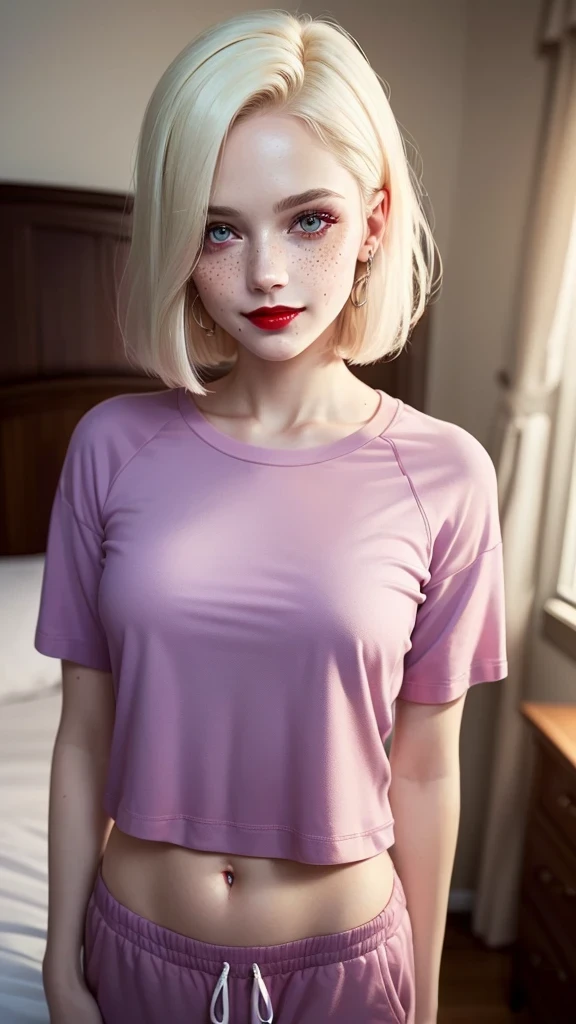 ((best quality: 1.5)) ((masterpiece: 0.8)), intricate details, sharp focus, professional, real life, realistic representation of the face, dynamic pose, in the style of realistic and hyper detailed renderings BREAK ((detailed women, ((shiny red lips, bedroom, bed, (soft loose pink shirt, sweatpants, goth dark makeup, albino skin, [purple hair:blonde hair:0.5])), (bob hair, [flat chest:medium breasts:0.5])), smiling, playful), freckles: 1.0), photorealistic, hyper-realistic, 8K
