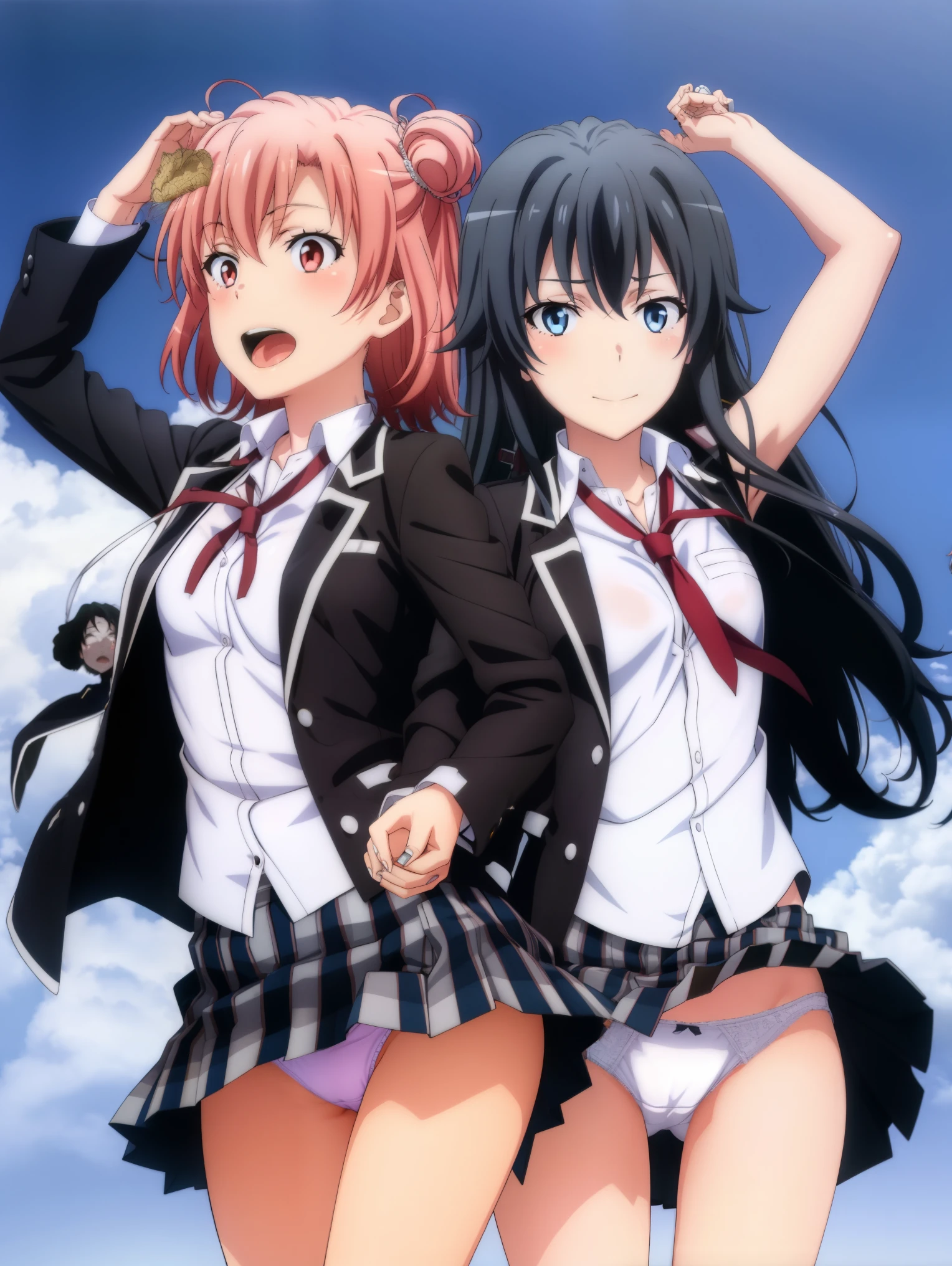 2 girls , Yukinoshita Yukino , Yuigahama Yui , waltz dance , school uniform,Wind,Skirt up,white panties,