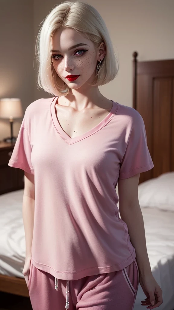 ((best quality: 1.5)) ((masterpiece: 0.8)), intricate details, sharp focus, professional, real life, realistic representation of the face, dynamic pose, in the style of realistic and hyper detailed renderings BREAK ((detailed women, ((shiny red lips, bedroom, bed, (soft loose pink shirt, sweatpants, goth dark makeup, albino skin, [purple hair:blonde hair:0.5])), (bob hair, [flat chest:medium breasts:0.5])), smiling, playful), freckles: 1.0), photorealistic, hyper-realistic, 8K
