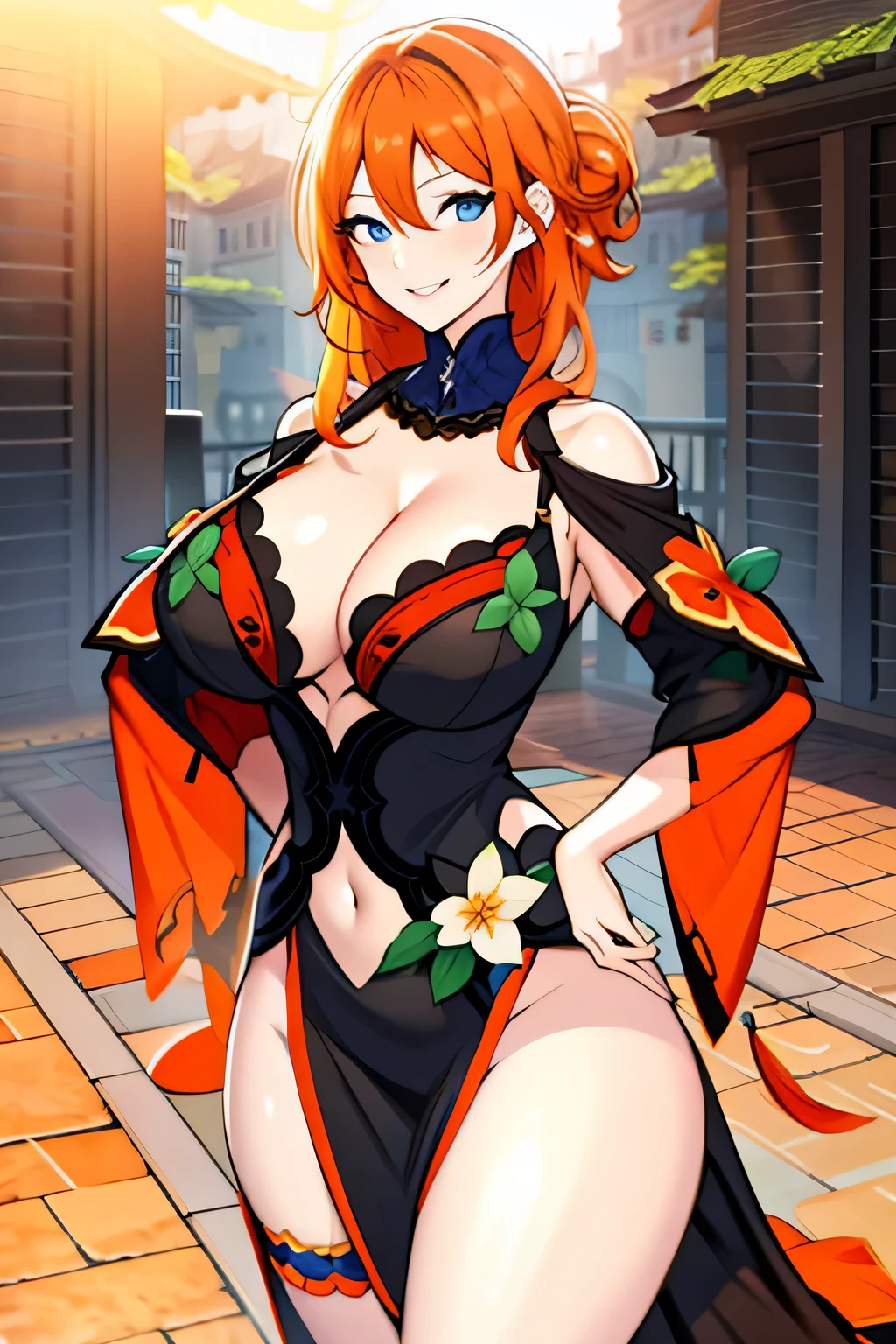 orange hair, black colored dress, blue eyes, gigantic breasts, cleavage, bare legs, smiling