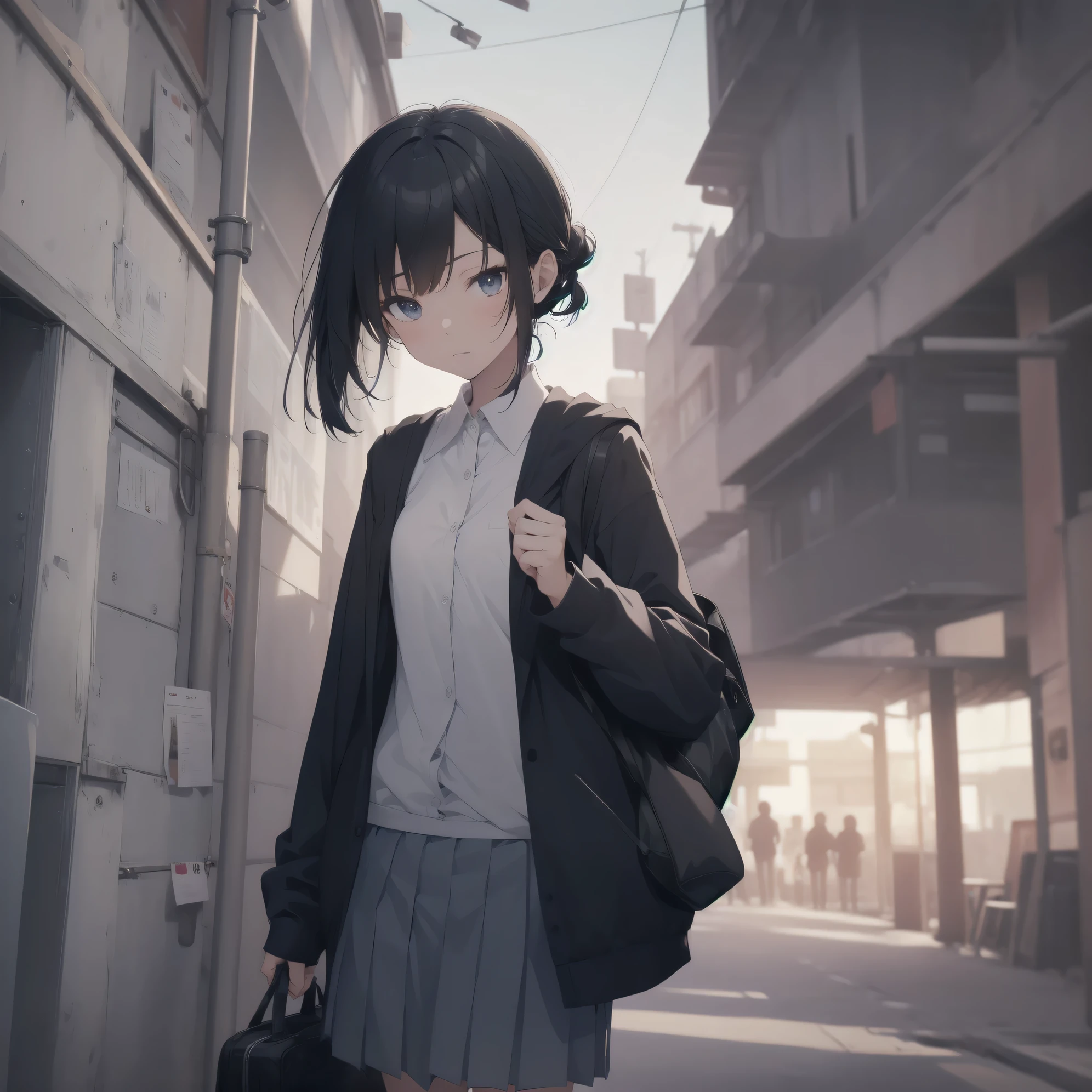 Super absurd quality by the god of art, super detailed, High resolution, anime moe art style, Best Anime 8K Kona-chan Wallpaper, pixiv contest winner, perfect anatomy, break,(眠そうにalone学校へ行く女の子を描いてください. )break,1 girl, (alone,little woman, baby face, 13 years old:1.3),All limbs, full finger,, The charm of an immature body, (very_short hair), Bang, flat chest, small ass, between legs, small black eyes, detailed and beautiful eyes, Well-proportioned iris and pupils, expressive eyes, sleepy eyes, High resolutionの詳細な髪, neck ribbon, shirt, collared shirt, skirt, pleated skirt, school uniform, school bag,(detailed lighting), (detailed background), On the way to school. break,super dense skin, Best cinematic lighting powered by famous artist, 8k,Beauty Illustration,photoshop_(Moderate),Absurd Hi-Res,Hmm,rough skin,break,((artist:mifuru)),artist:Fujichoko, artist:Fujiyama,artist:hanekoto
