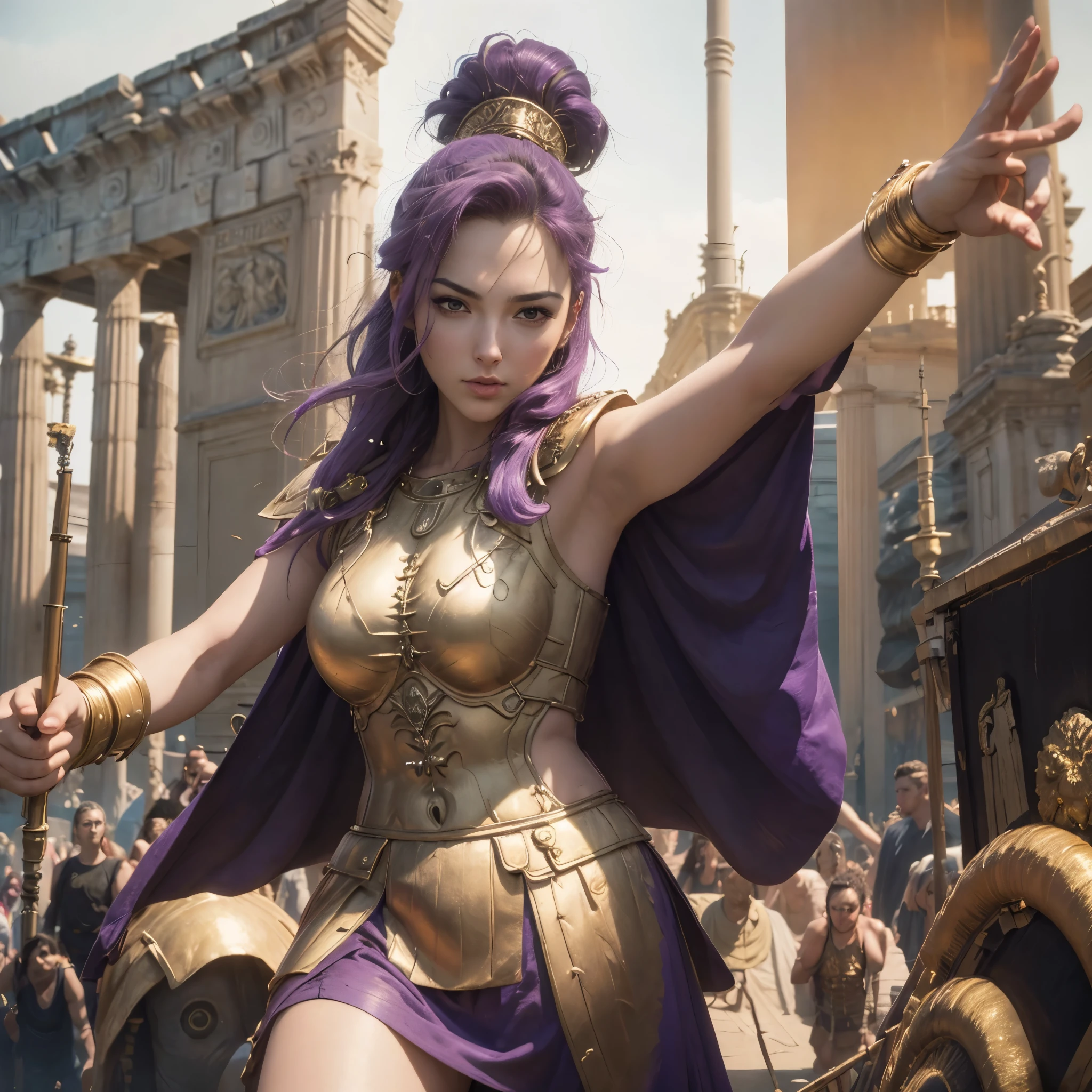 (best quality,4k,8k,highres,masterpiece:1.2),ultra-detailed, 1woman, 1woman, Greek goddess Athena, purple hair, wearing golden hoplite armor with helmet, attacking pose, wielding a sear, looking at the viewer, wise, impressive, seductive eyes, in front of the Parthenon, drawn in the style of Yoshitaka Amano, high res, ultrasharp, 8K, masterpiece, HDR, 8k, absurdres, cinestill 800, sharp focus, add_detail:2
