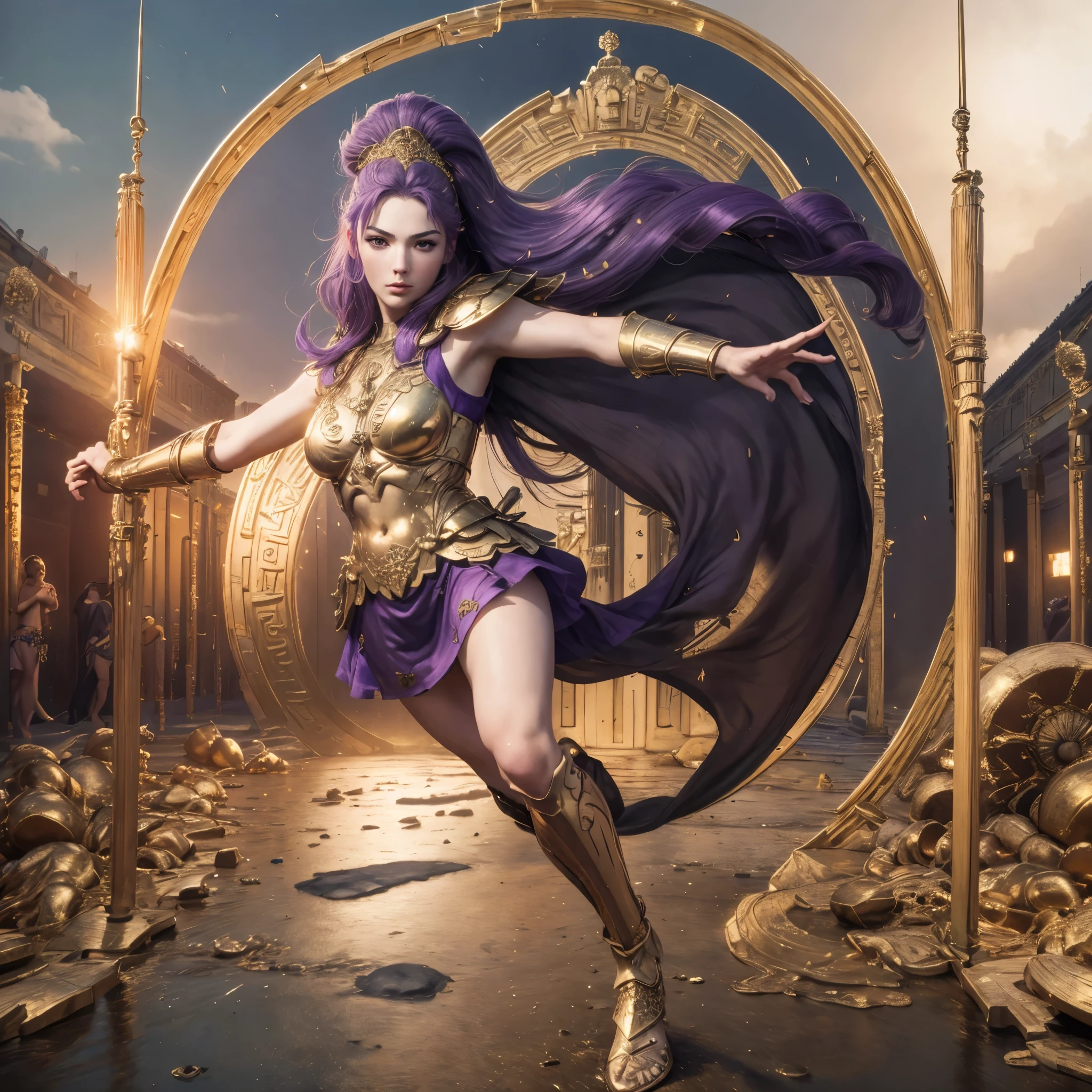 (best quality,4k,8k,highres,masterpiece:1.2),ultra-detailed, 1woman, 1woman, Greek goddess Athena, purple hair, wearing golden hoplite armor with helmet, attacking pose, wielding a sear, looking at the viewer, wise, impressive, seductive eyes, in front of the Parthenon, drawn in the style of Yoshitaka Amano, high res, ultrasharp, 8K, masterpiece, HDR, 8k, absurdres, cinestill 800, sharp focus, add_detail:2
