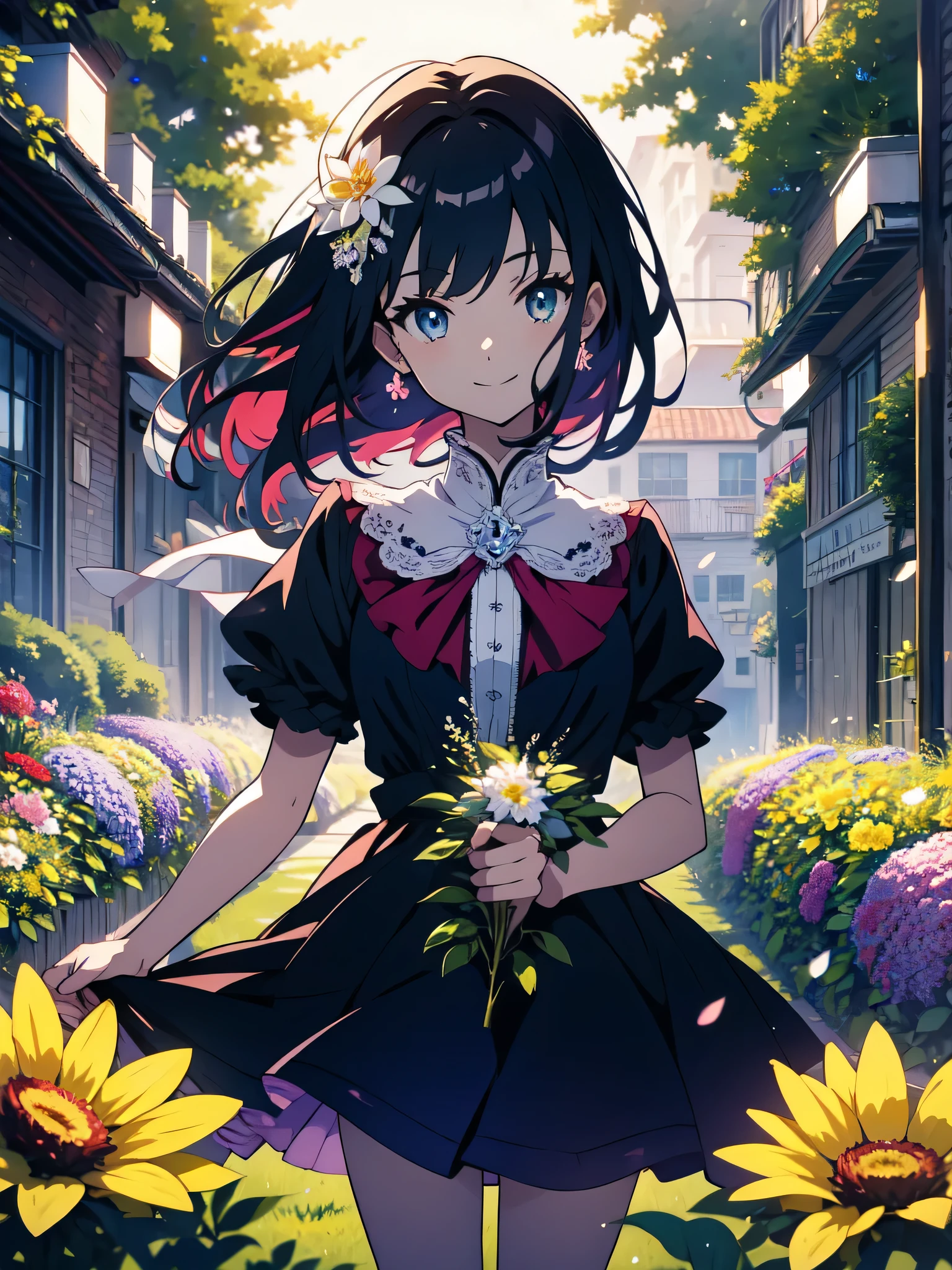 highest quality、masterpiece、shining eyes、1 girl、ruffle dress、turn around、smile、Matchmaking、flower garden, nice, bright, Sparkling、beautiful anime