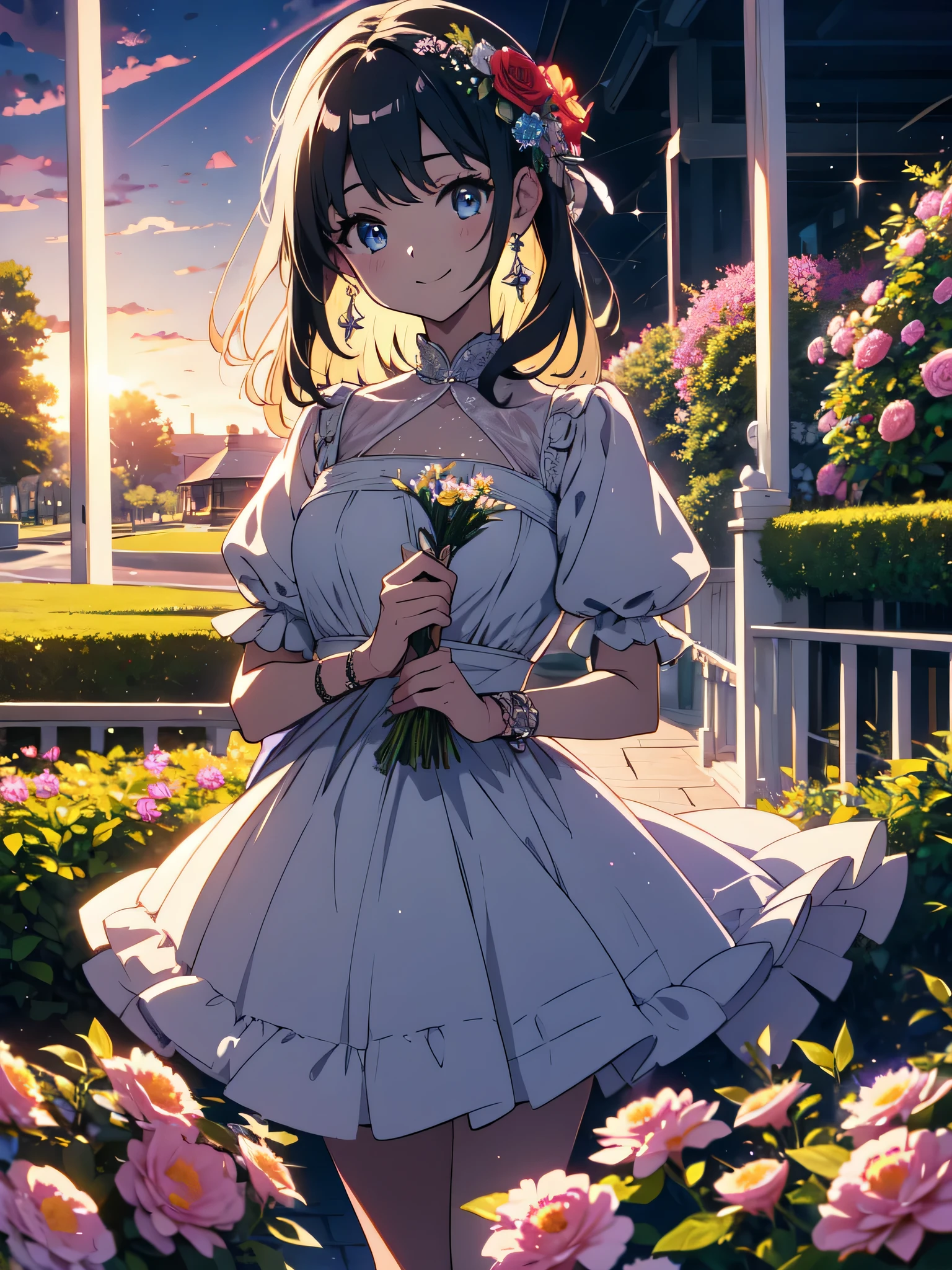 highest quality、masterpiece、shining eyes、1 girl、ruffle dress、turn around、smile、Matchmaking、flower garden, nice, bright, Sparkling、beautiful anime