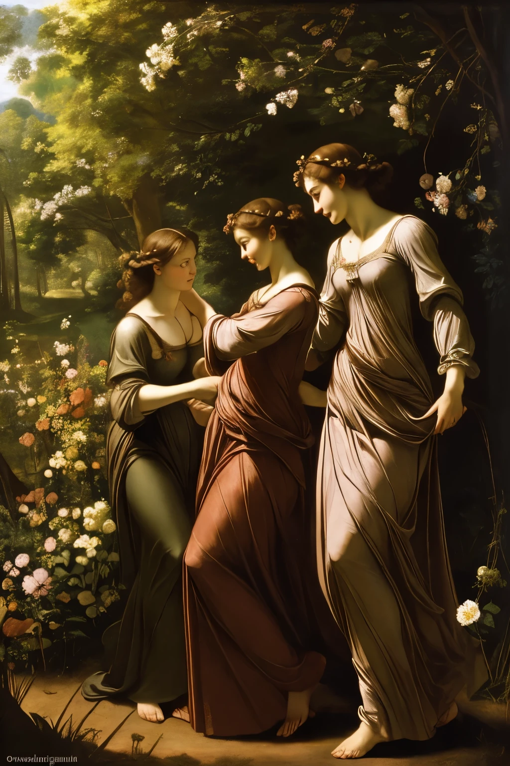 Three Graces by Caravaggio,
3girls dancing together,  gossamer gowns, arms interlaced, beautiful, happy, (forest Grove with flowers)
