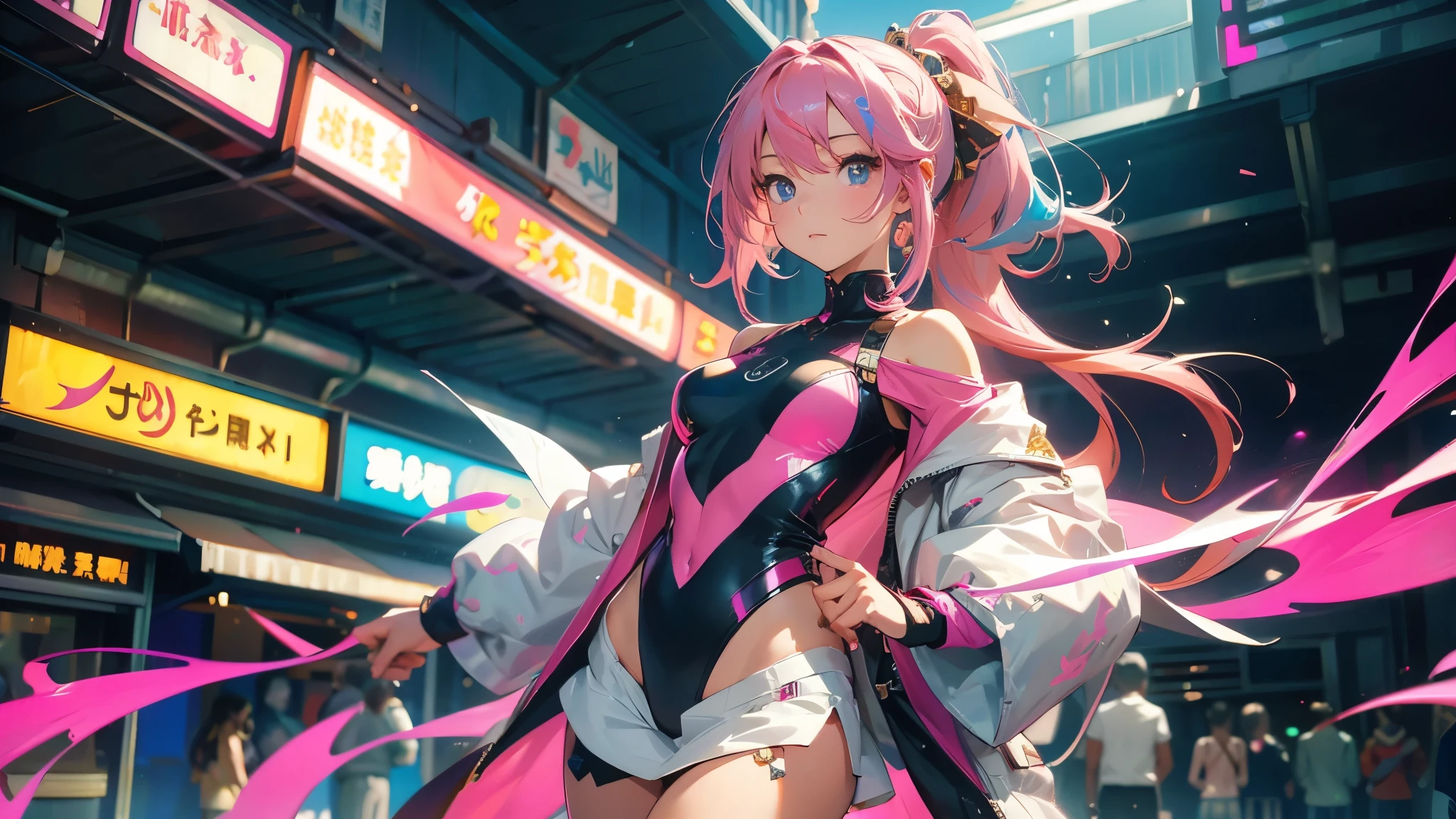 1 girl, solo, ((Masterpiece)), best quality, absurderes, ultra detailed, holographic, cowboy shot, golden ratio, super cute girl, mature girl, idol girl, super beautiful asian girl with very beautiful violet glowing eyes, beautiful glowing pink multicolored hair, (((pink hair))), high ponytail, nice and sexy body, slim body, perfect body, wearing a super tight anime printed leotard, an anime printed super tight off shoulder long sleeve crop top, a super aesthetic transparent mini jacket, beautiful hair ornament, pink jordan tennis, playing with her handsome otaku skinny boyfriend, with black messy glowing hair, in the arcade games