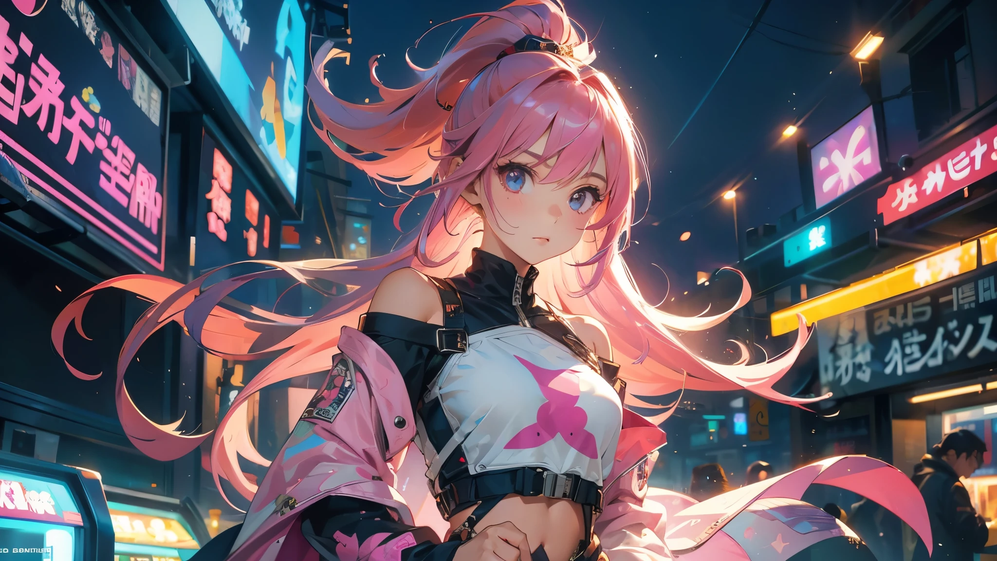 1 girl, solo, ((Masterpiece)), best quality, absurderes, ultra detailed, holographic, cowboy shot, golden ratio, super cute girl, mature girl, idol girl, super beautiful asian girl with very beautiful violet glowing eyes, beautiful glowing pink multicolored hair, (((pink hair))), high ponytail, nice and sexy body, slim body, perfect body, wearing a super tight anime printed leotard, an anime printed super tight off shoulder long sleeve crop top, a super aesthetic transparent mini jacket, beautiful hair ornament, pink jordan tennis, playing with her handsome otaku skinny boyfriend, with black messy glowing hair, in the arcade games