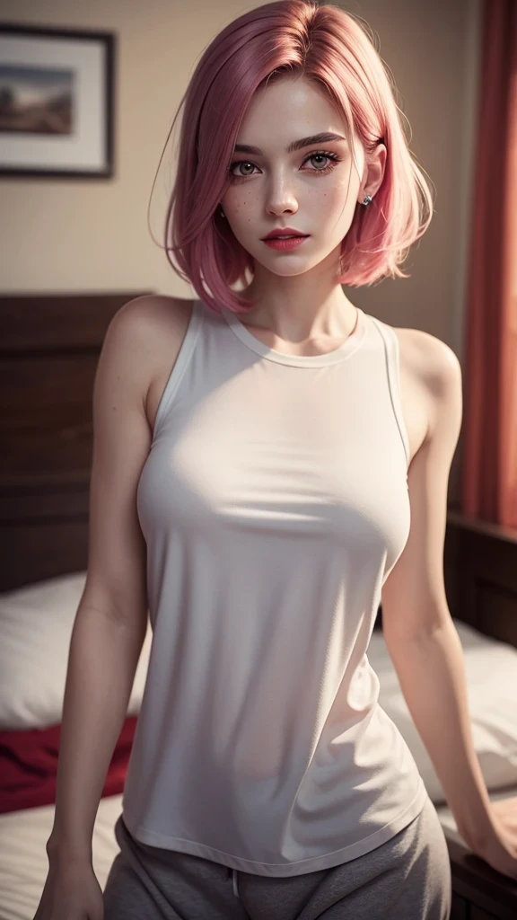 ((best quality: 1.5)) ((masterpiece: 0.8)), intricate details, sharp focus, professional, real life, realistic representation of the face, dynamic pose, in the style of realistic and hyper detailed renderings BREAK ((detailed women, ((shiny red lips, bedroom, bed, (soft loose pink shirt, sweatpants, (goth dark makeup, albino skin), [purple hair:blonde hair:0.5])), (bob hair, [flat chest:medium breasts:0.5])), smiling, playful), freckles: 0.6), photorealistic, hyper-realistic, 8K
