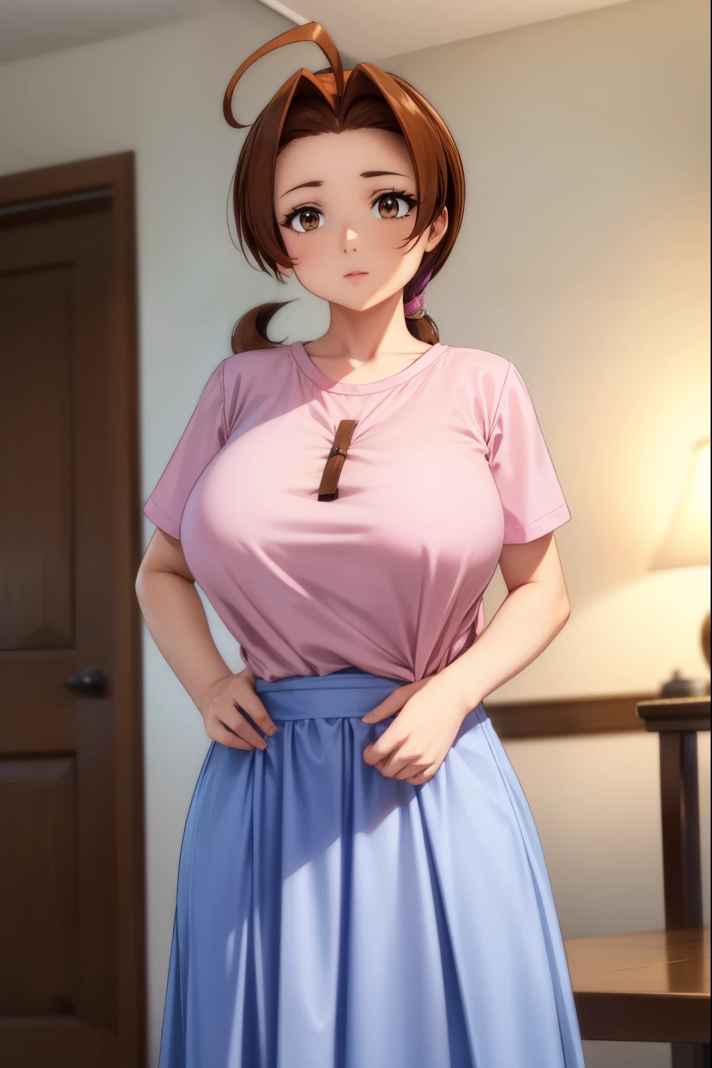 deliaketchum, deliaketchum, brown hair, (brown eyes:1.7), parted bangs, (ahoge:1.5), ponytail, low ponytail,
BREAK shirt, (pink shirt:1.2), short sleeves, skirt, blue skirt, long skirt,
BREAK indoors,
BREAK looking at viewer, (cowboy shot:1.5),
BREAK (masterpiece:1.2), best quality, high resolution, unity 8k wallpaper, (illustration:0.8), (beautiful detailed eyes:1.6), extremely detailed face, perfect lighting, extremely detailed CG, (perfect hands, perfect anatomy),