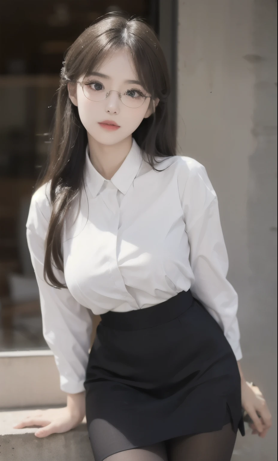 ulzzang-6500-v1.1, (raw photo:1.2), (photorealistic:1.4), beautiful detailed girl, very detailed eyes and face,(wearing suit:1.3),(wearing a white shirt:1.4), beautiful detailed eyes, ridiculous, incredibly ridiculous, huge file size, super detailed, high resolution, very detailed, best quality, masterpiece, ((fashion clothing with diverse colors)), illustration, very detailed, CG, unified, 8k wallpaper, amazing, fine detail, masterpiece ,best quality, very detailed CG uniform 8k wallpaper, light on face, movie lighting, 1girl, 16 years old,long black hair, side splits, (big breasts), (no panties:1.3)), (glasses), ((dynamic pose))), ((sexy pose:1.3))), (camel toe), (half), (pantyhose)), ((black hip skirt:1.3)),(visible nipples),(exposed nipples:1.2),nipples,(Show the shape of the nipples:1.5),(exposed breasts),(The clothes outline the shape of the nipples:1.3)