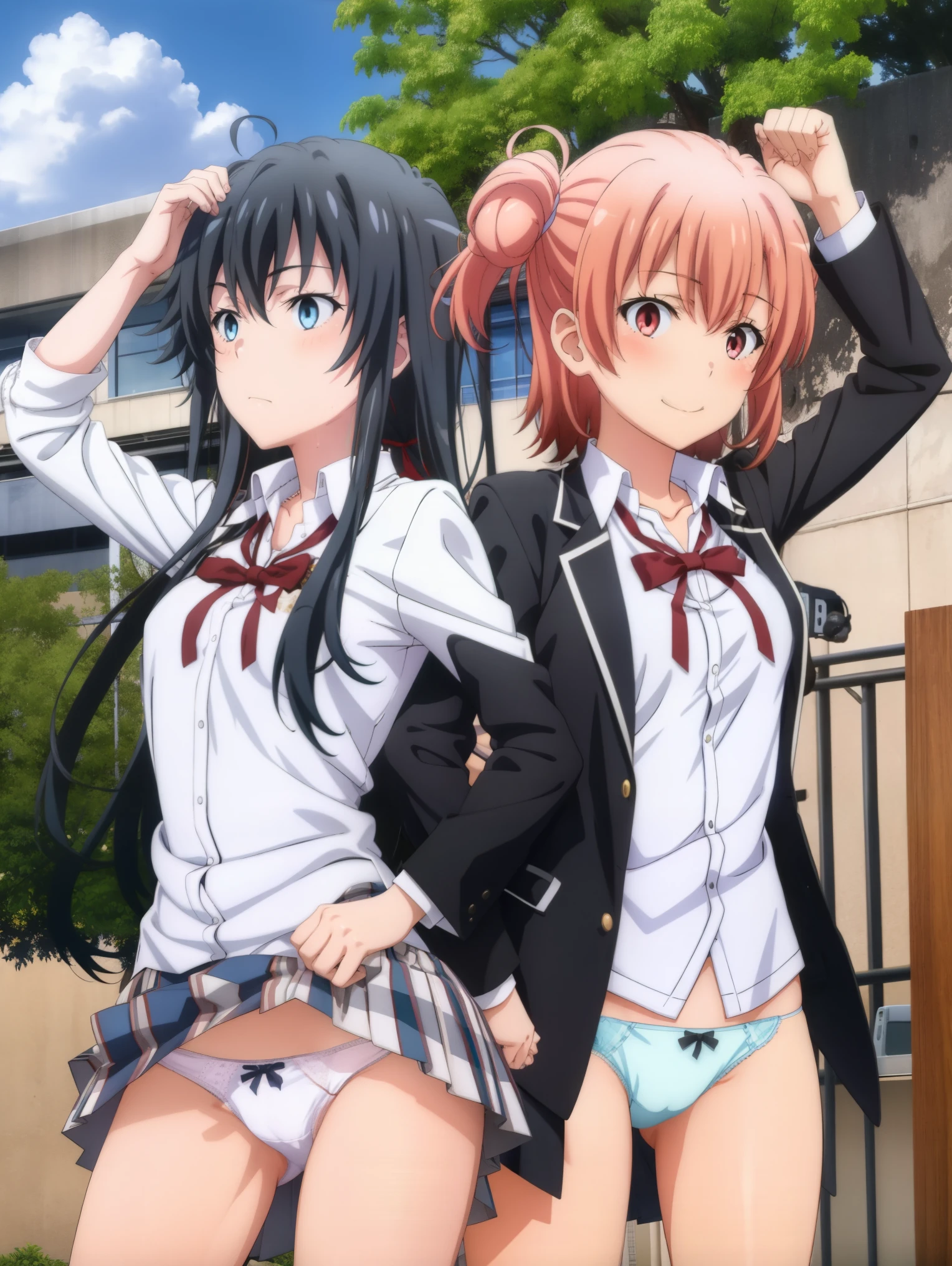 2 girls , Yukinoshita Yukino , Yuigahama Yui , waltz dance , school uniform,Wind,Skirt up,white panties,Peach-colored panties,